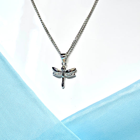 Sterling silver dragonfly shaped cubic zirconia necklace pendant