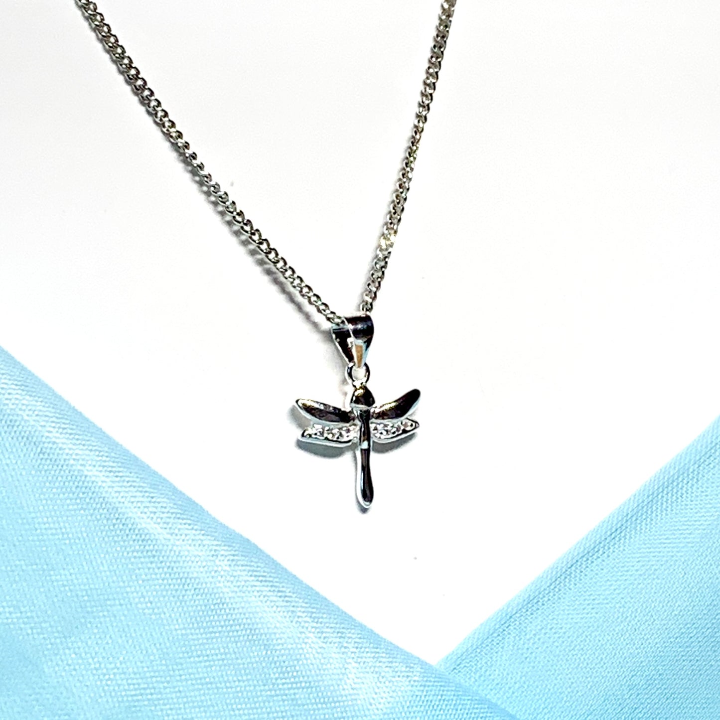 Sterling silver dragonfly shaped cubic zirconia necklace pendant