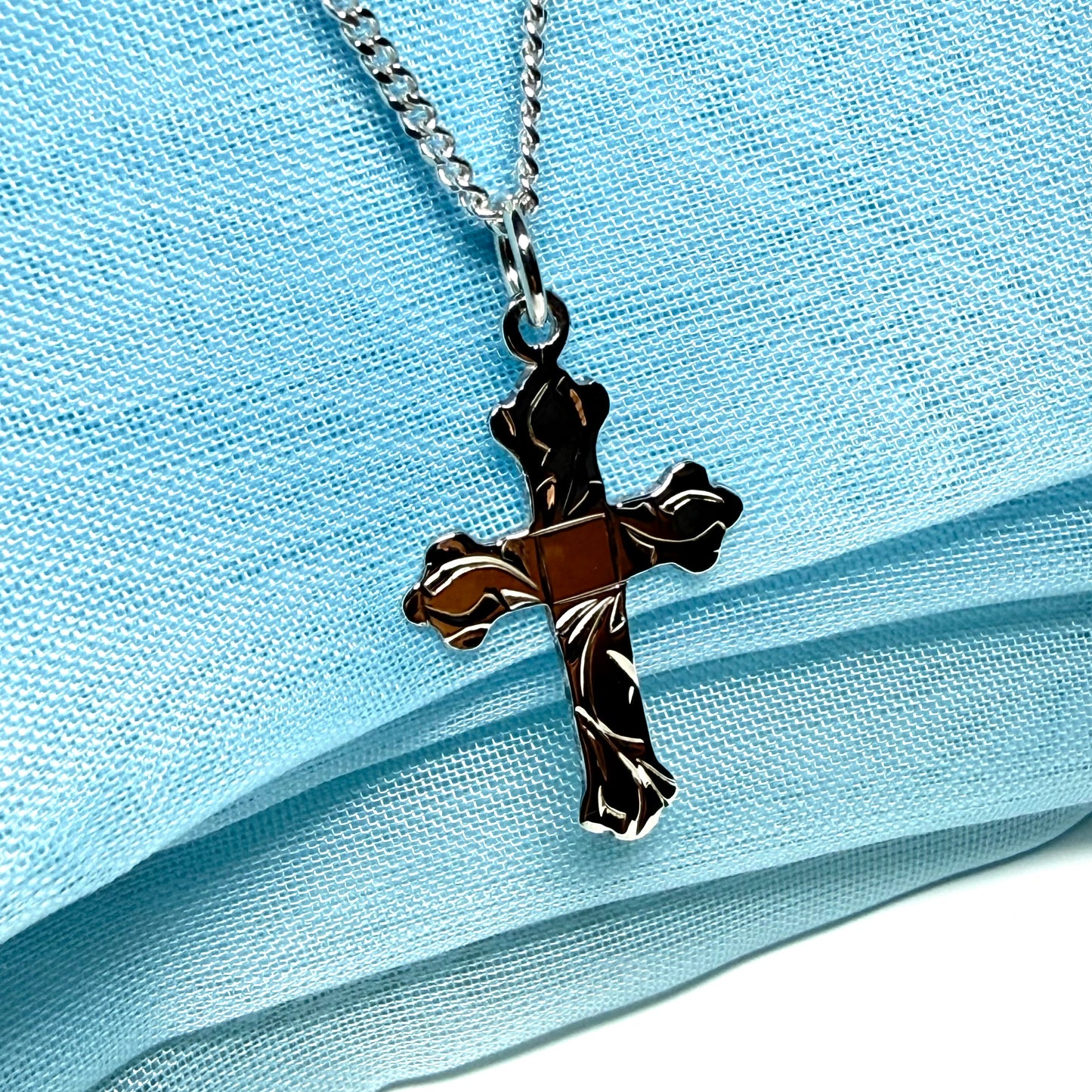 Sterling silver engraved plain cross including chain