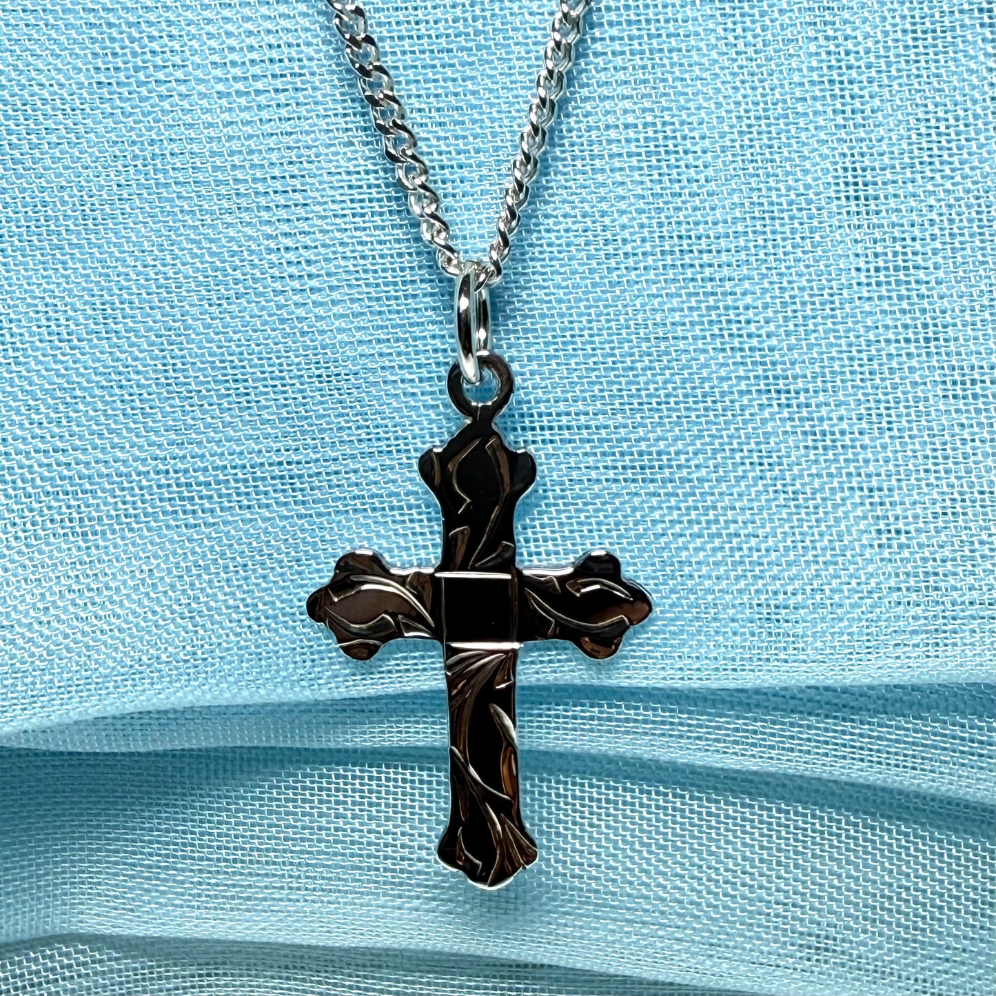Sterling silver engraved plain cross with chain