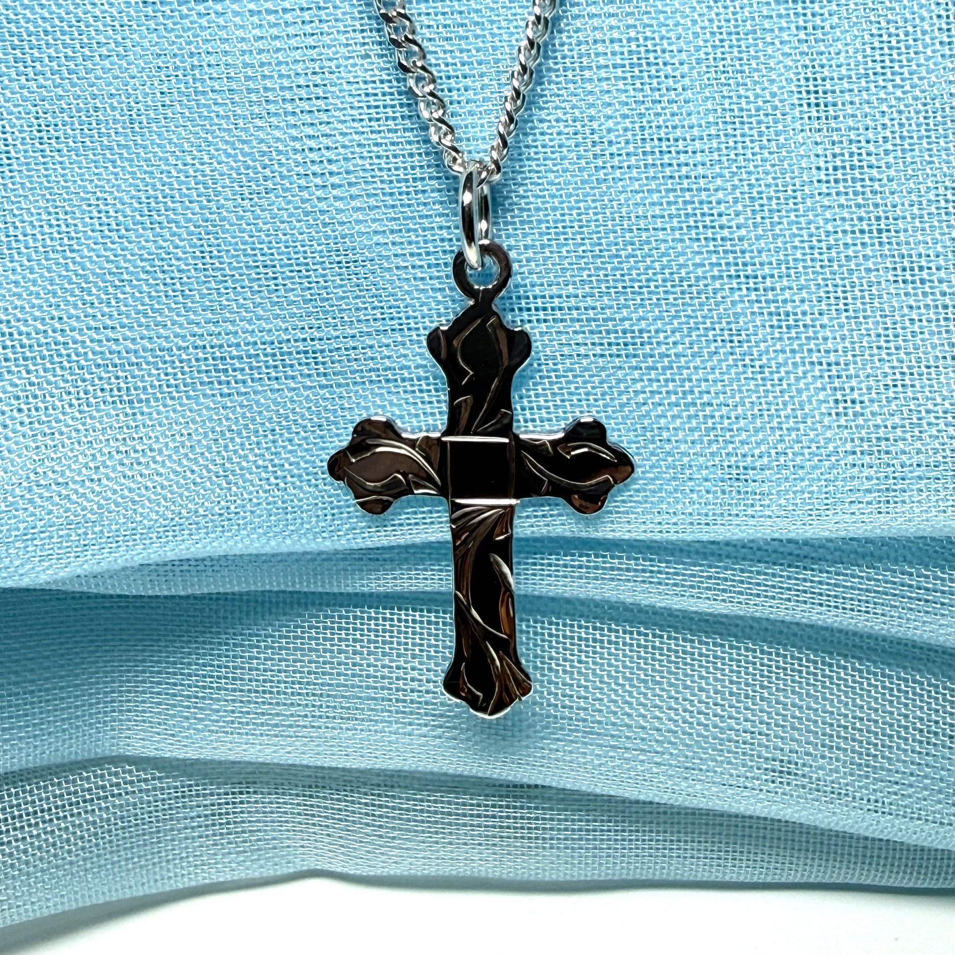 Sterling silver engraved plain cross with chain