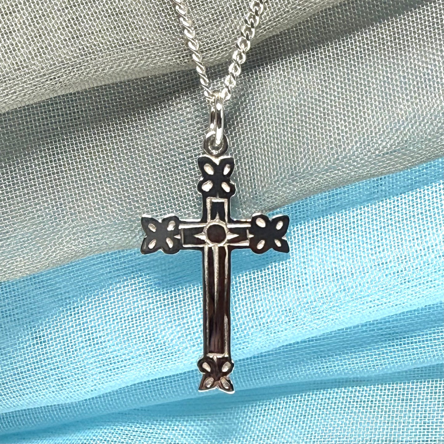 Sterling silver fancy solid patterned cross and chain