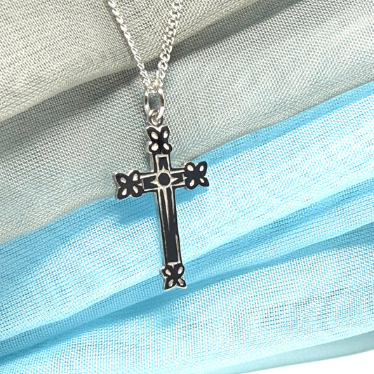Sterling silver fancy solid patterned cross and chain