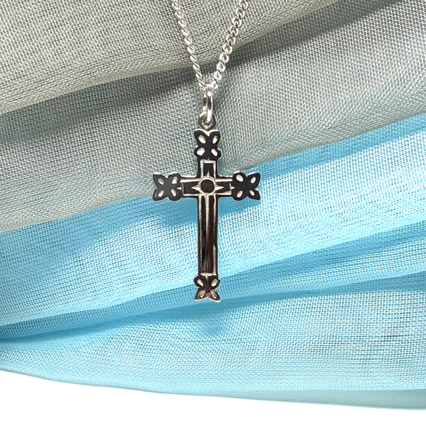 Sterling silver fancy solid patterned cross and chain