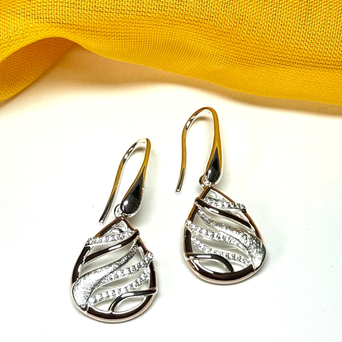 Sterling silver gilt pear or teardrop shaped two tone rose gold drop earrings