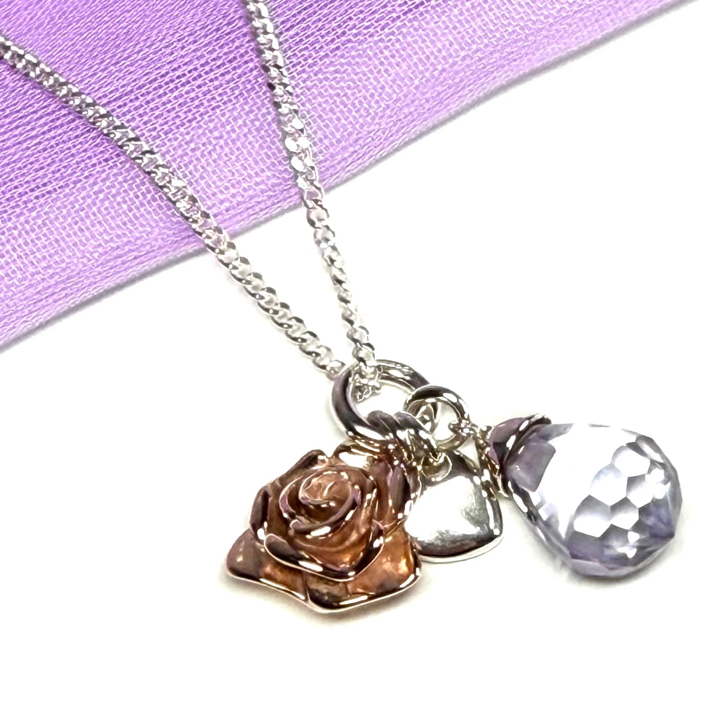 Sterling silver ladies necklace purple drop rose pendant design