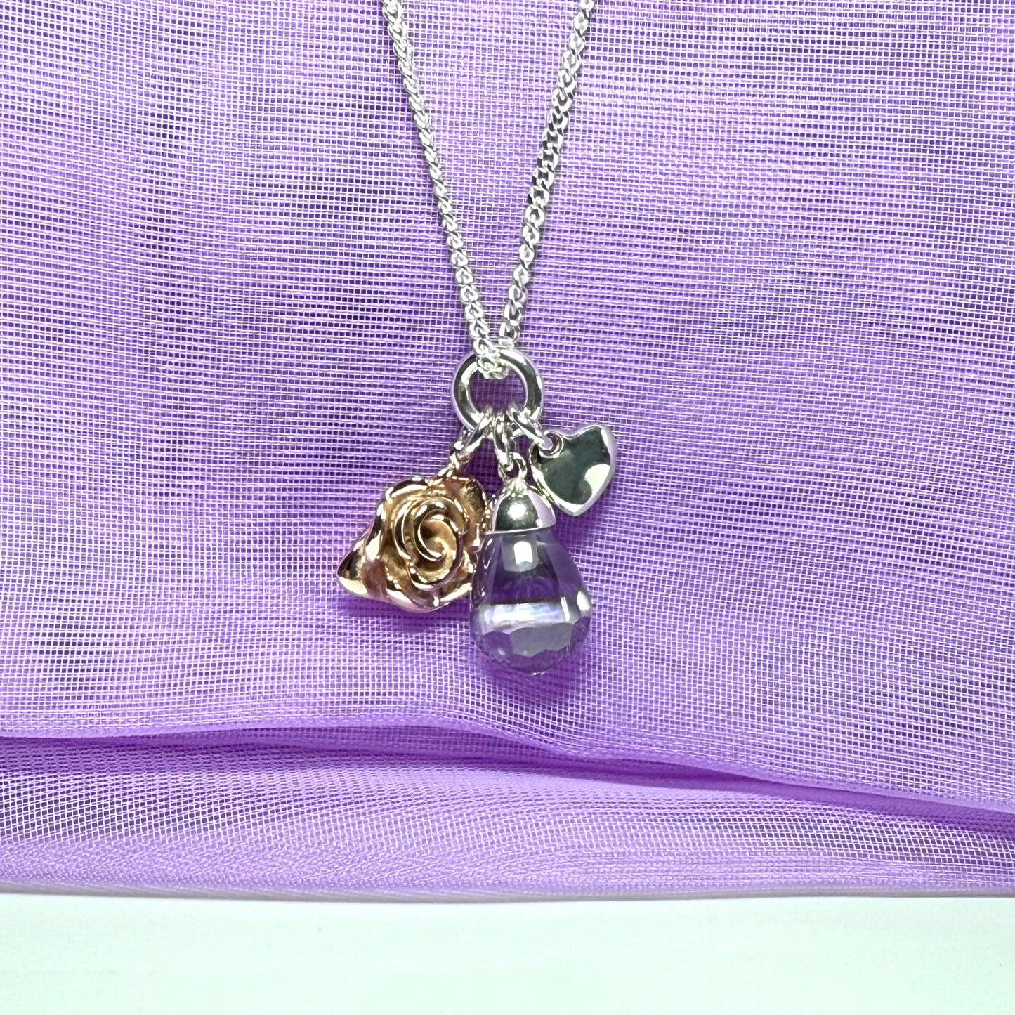 Sterling silver ladies necklace purple drop rose pendant design with chain