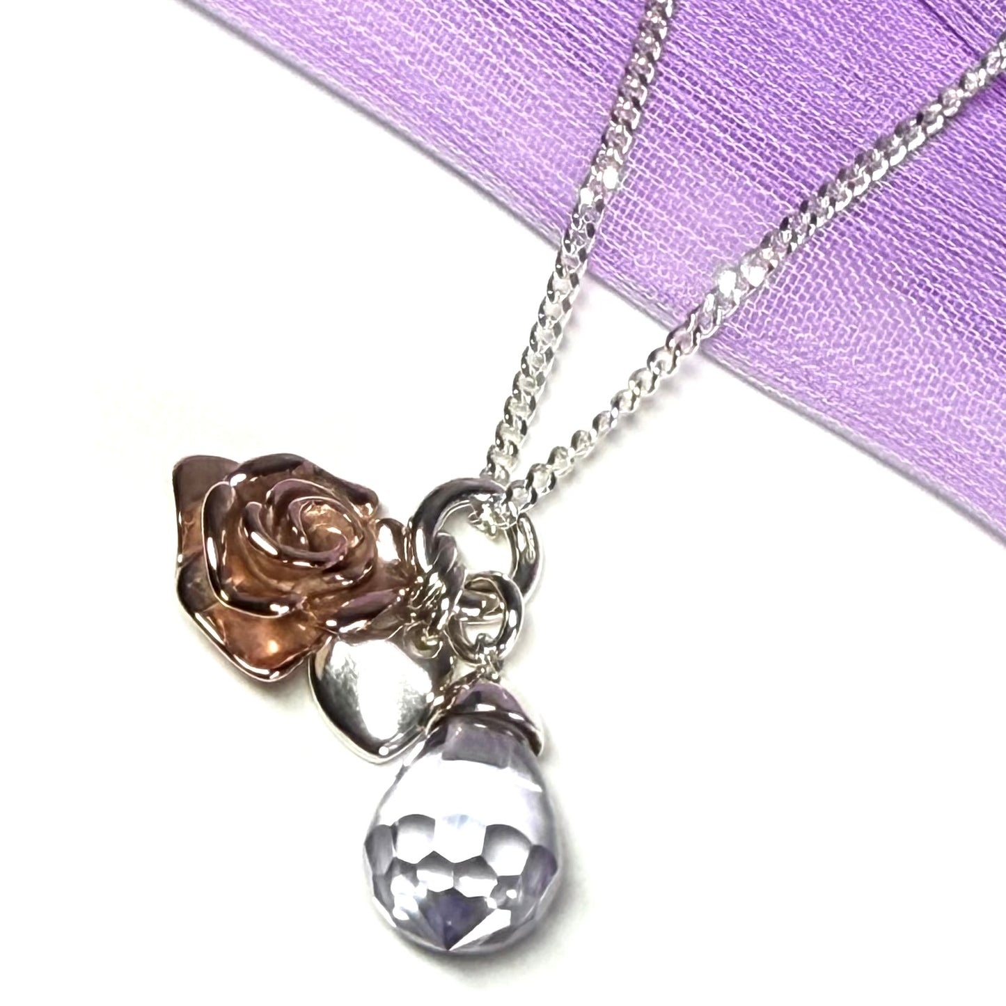 Sterling silver ladies necklace purple drop rose pendant design