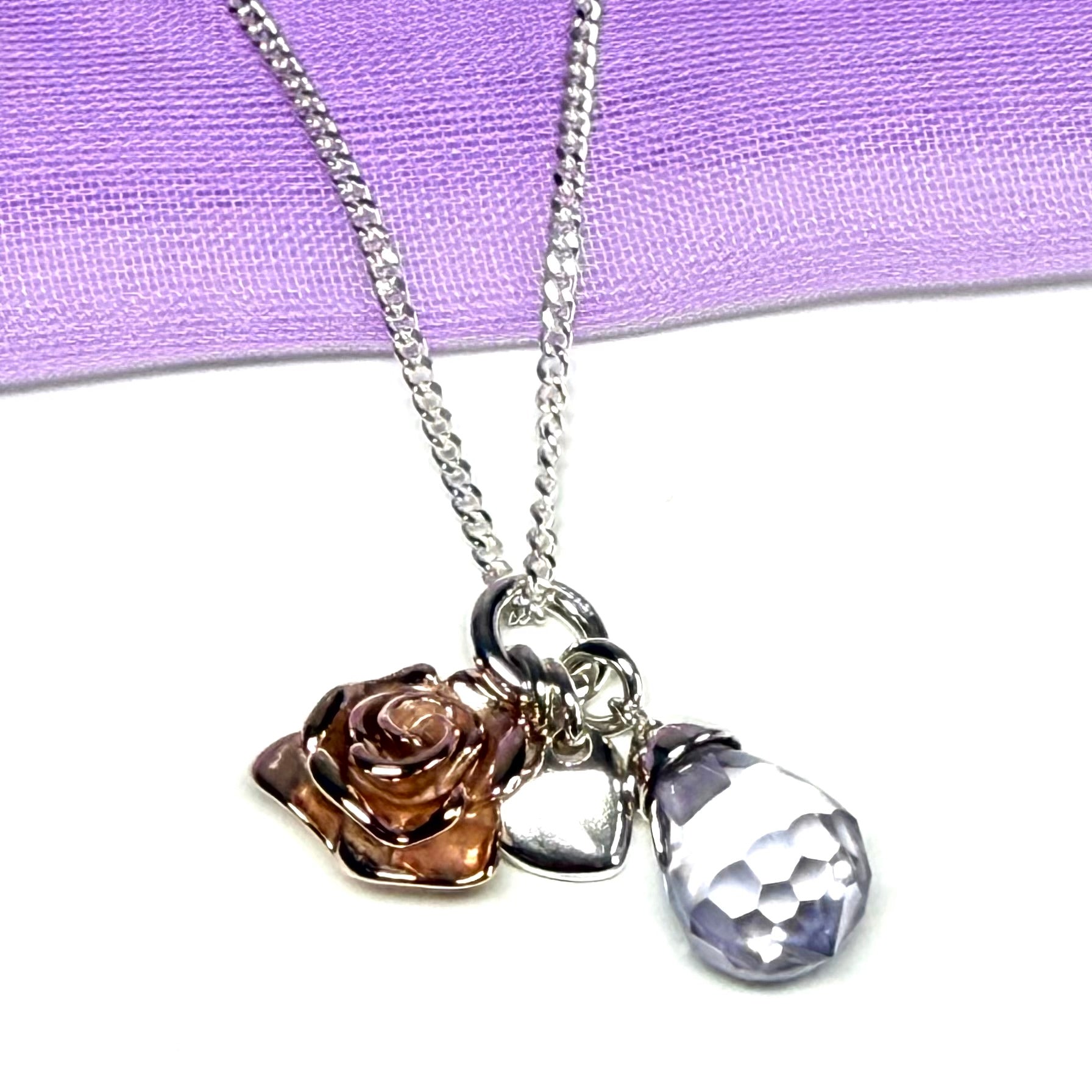 Sterling silver ladies necklace purple drop rose pendant design with chain