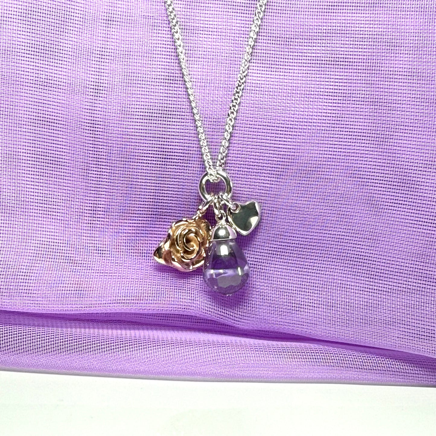 Sterling silver ladies necklace purple drop rose pendant design with chain