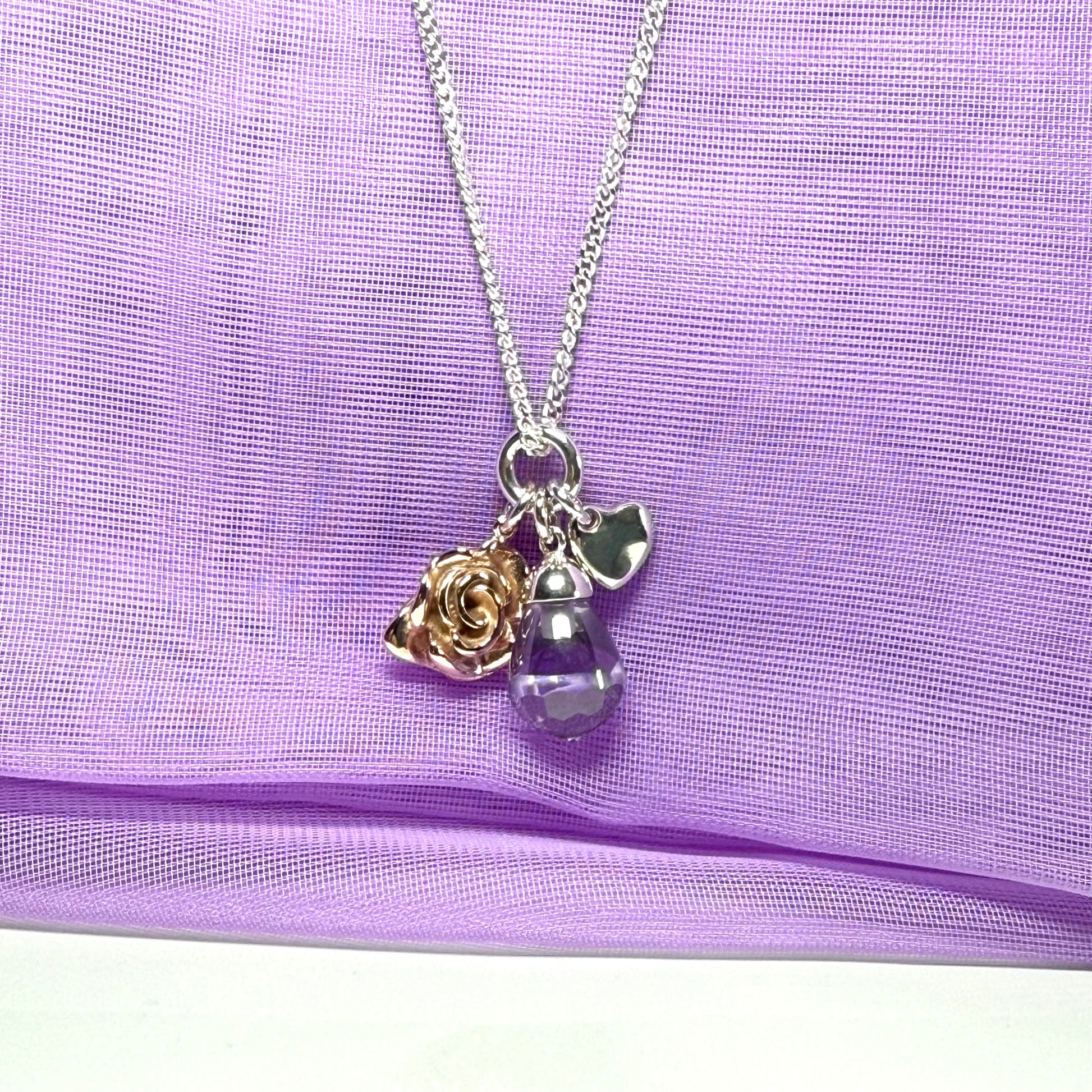 Sterling silver ladies necklace purple drop rose pendant design with chain