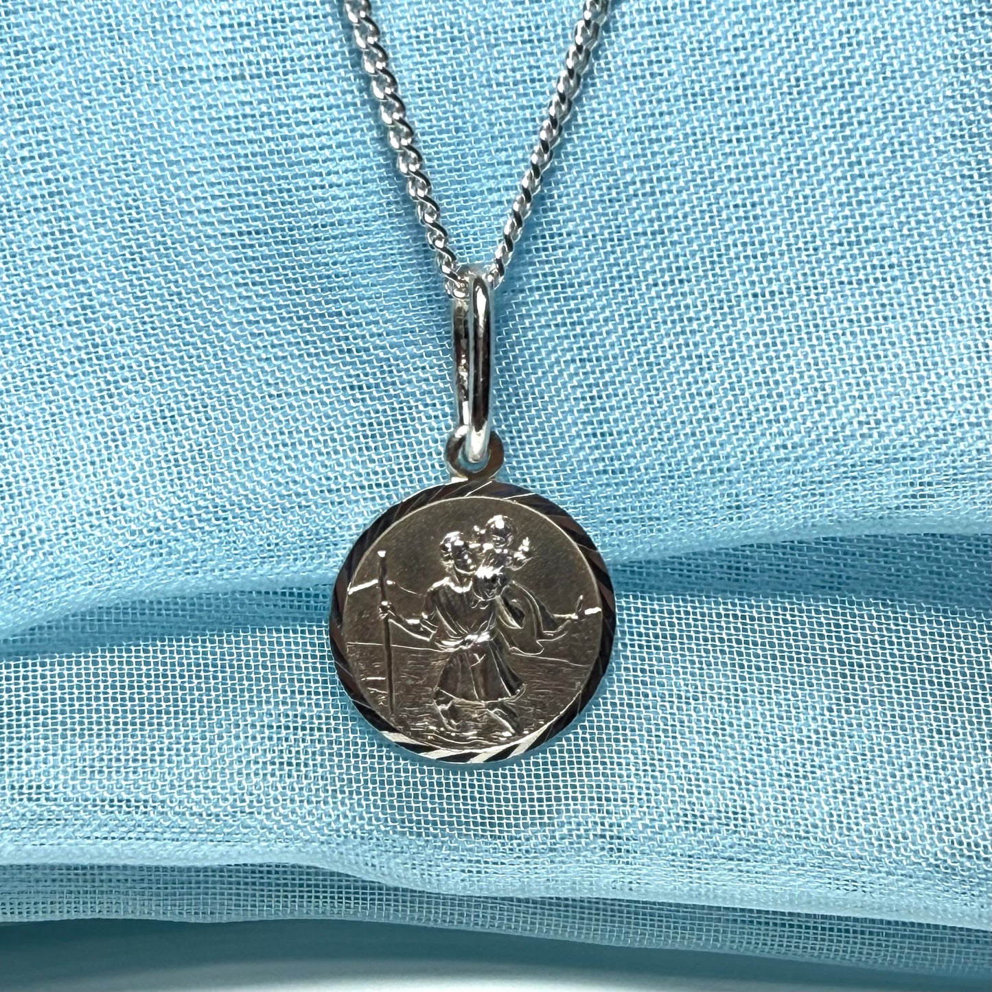 14 mm Sterling silver large round St. Christopher including chain