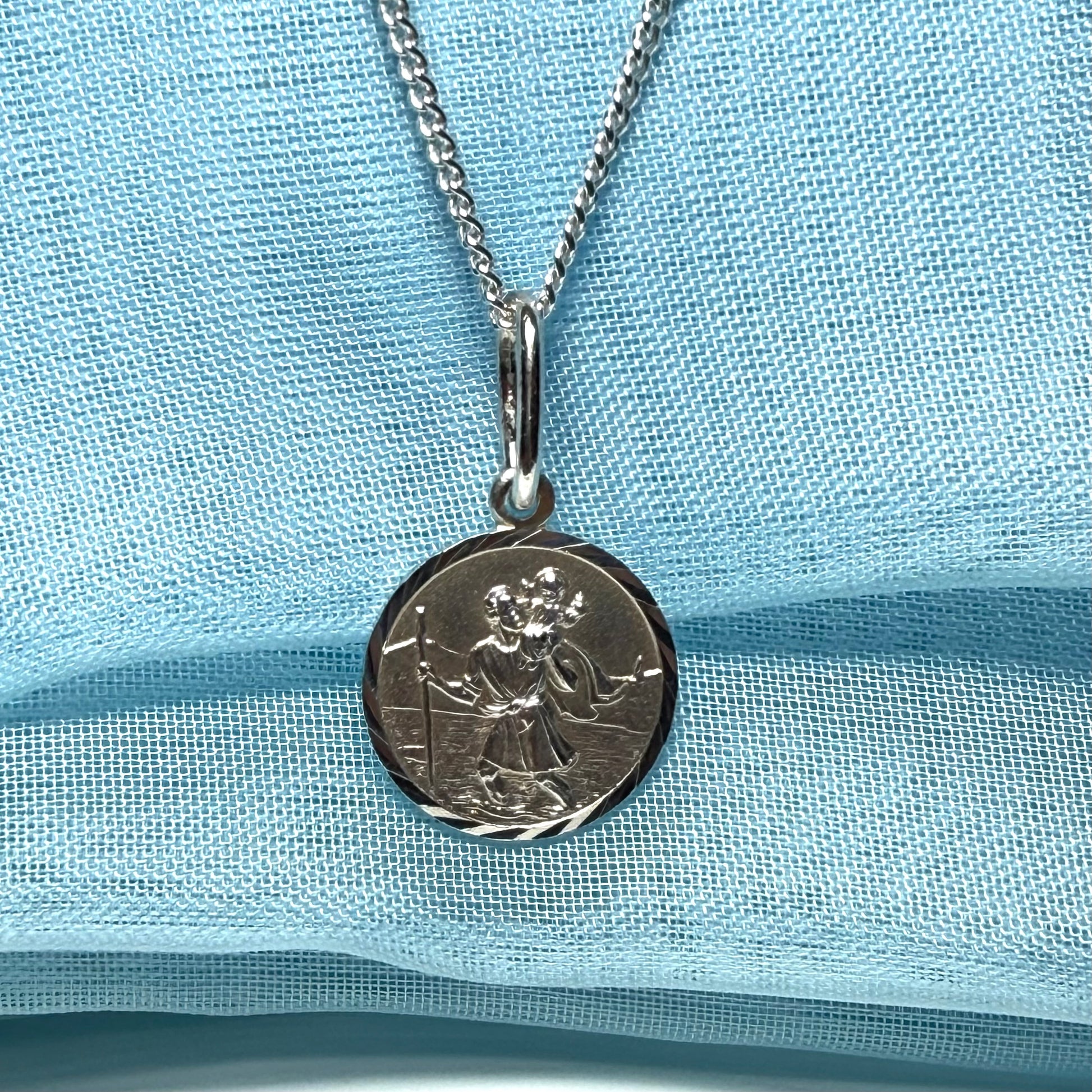 14 mm Sterling silver large round St. Christopher including chain