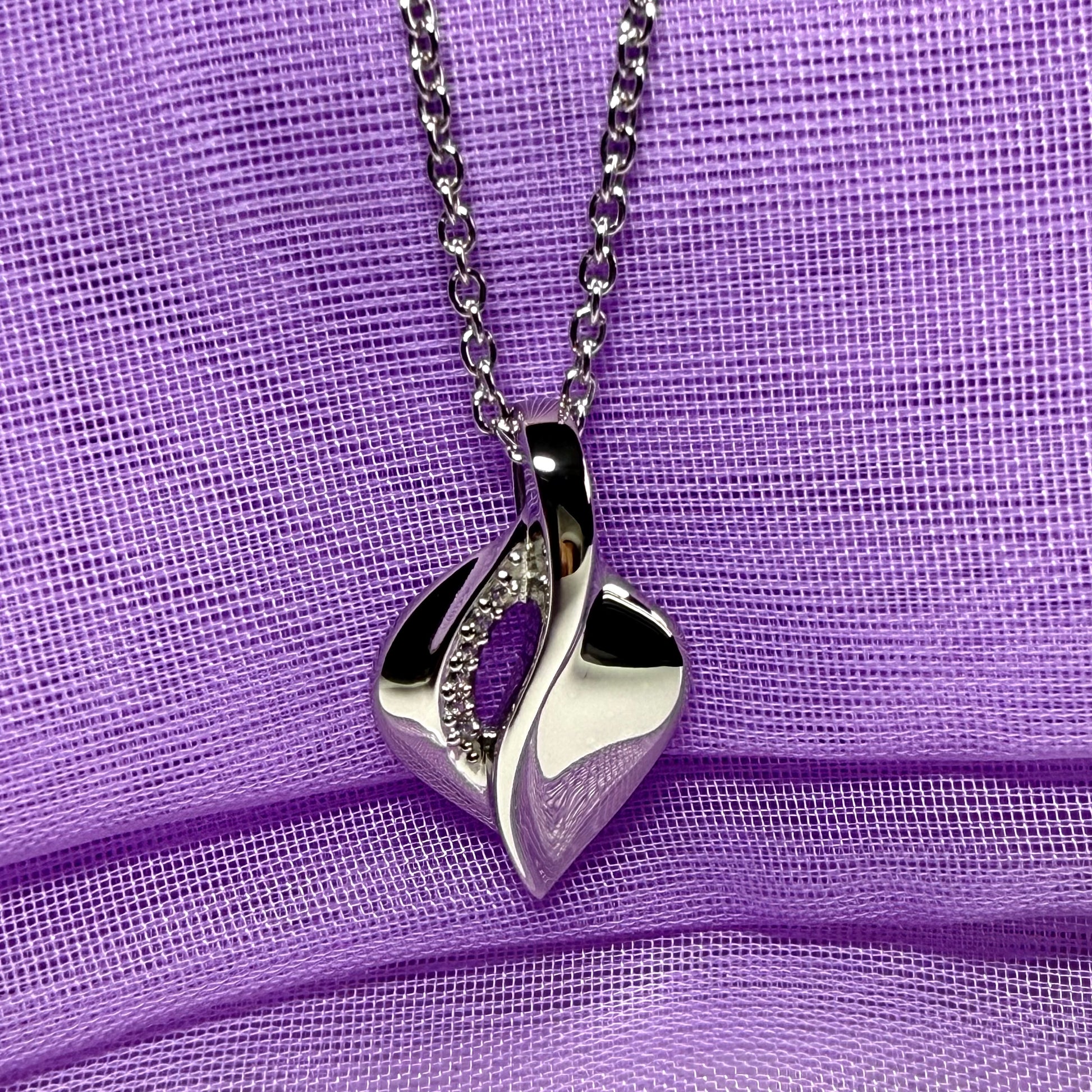 Sterling silver necklace swirl teardrop shaped cubic zirconia pendant