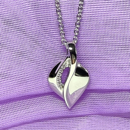 Sterling silver necklace swirl teardrop shaped cubic zirconia pendant