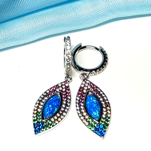 Sterling silver opal marcasite drop earrings with hoop fastenings
