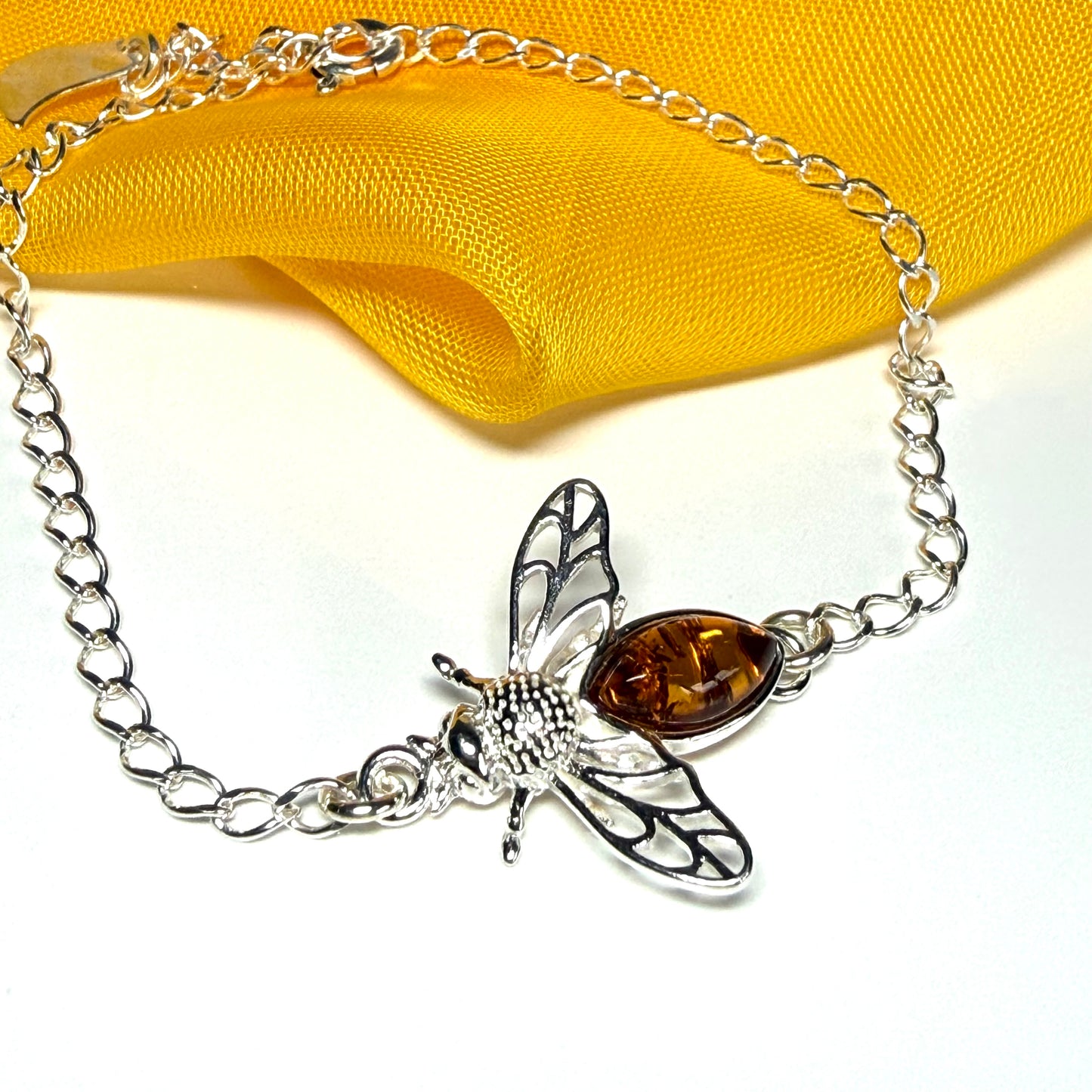 Sterling silver orange real amber bumble bee bracelet