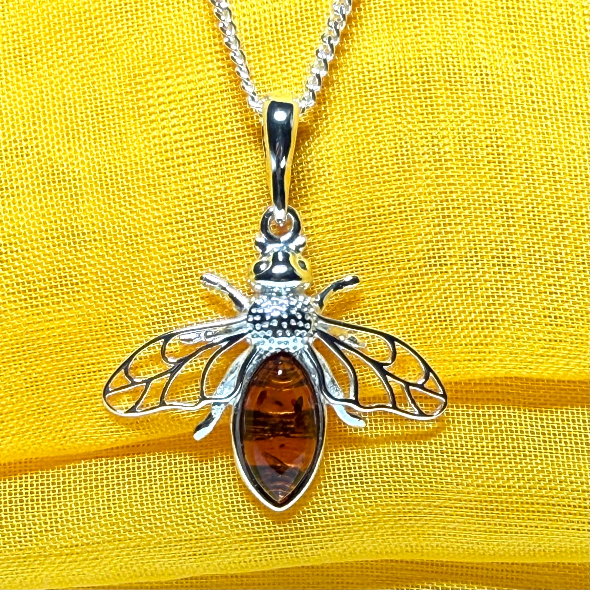 Sterling silver orange real amber bumble bee necklace pendant