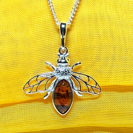 Sterling silver orange real amber bumble bee necklace pendant
