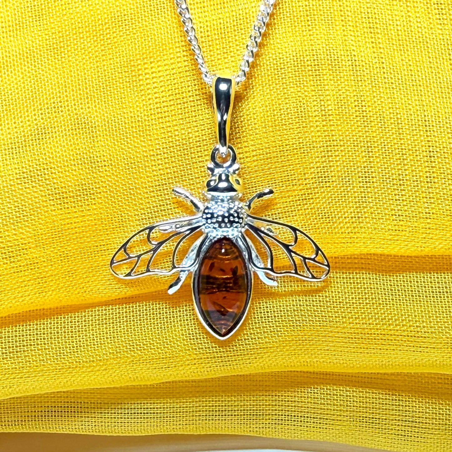 Sterling silver orange real amber bumble bee necklace pendant