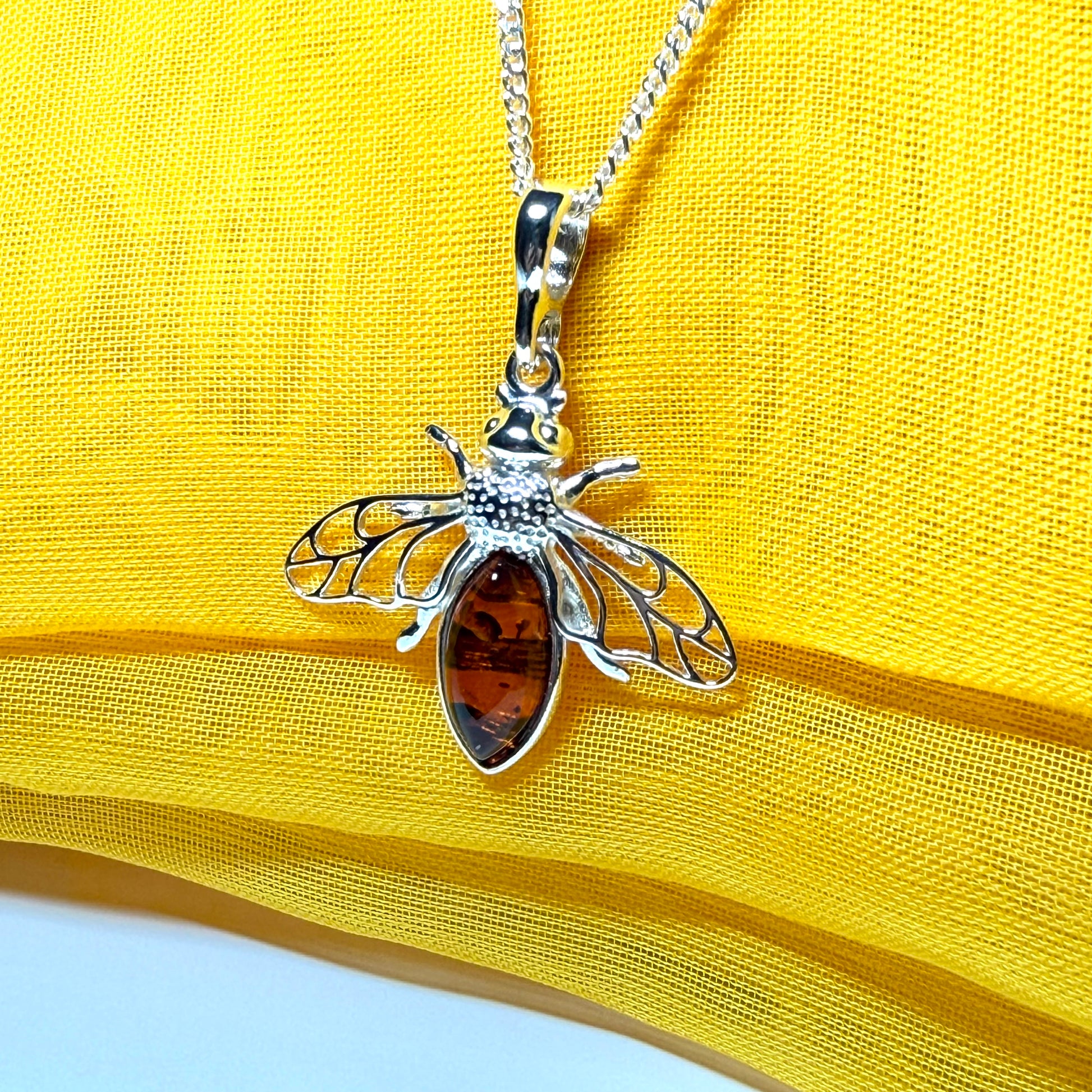 Sterling silver orange real amber bumble bee necklace pendant