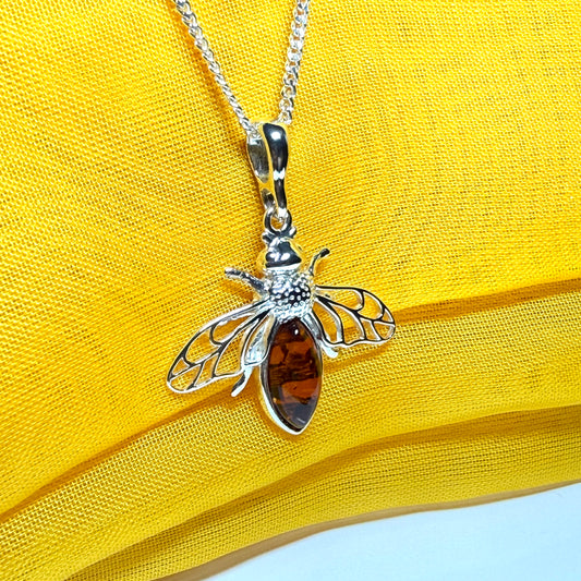 Sterling silver orange real amber bumble bee necklace pendant