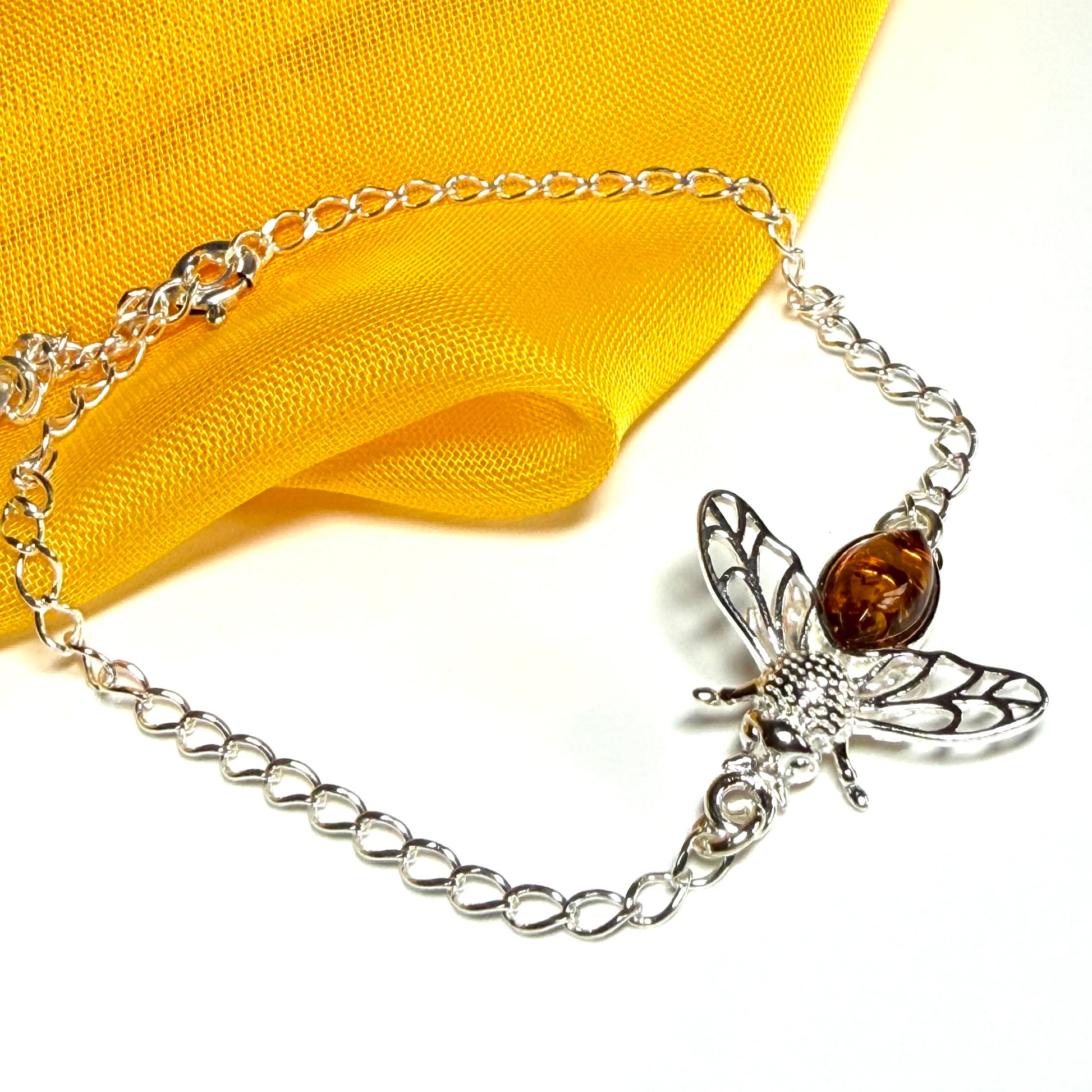 Sterling silver orange real amber bumble bee bracelet
