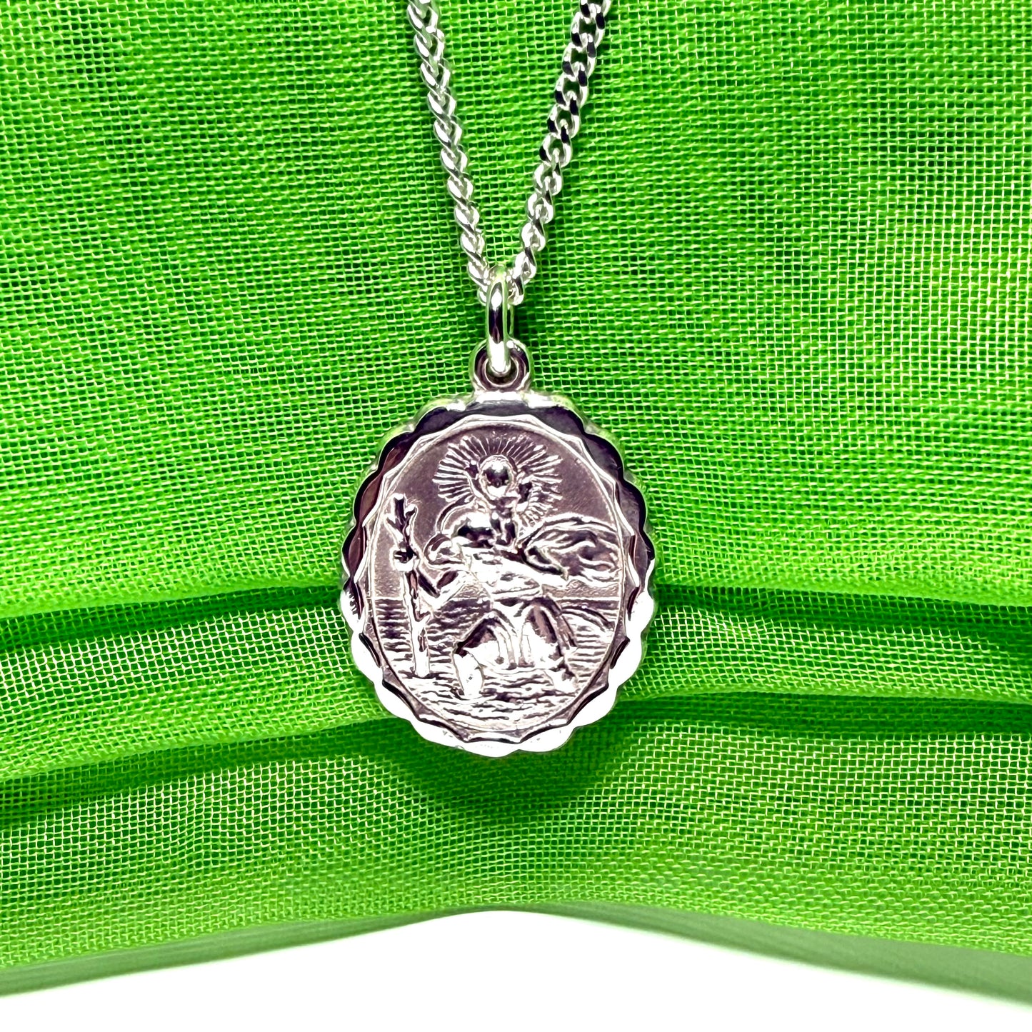 Sterling silver oval double sided St. Christopher with chain