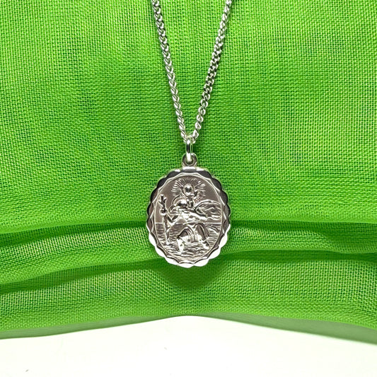 Sterling silver oval double sided St. Christopher with chain