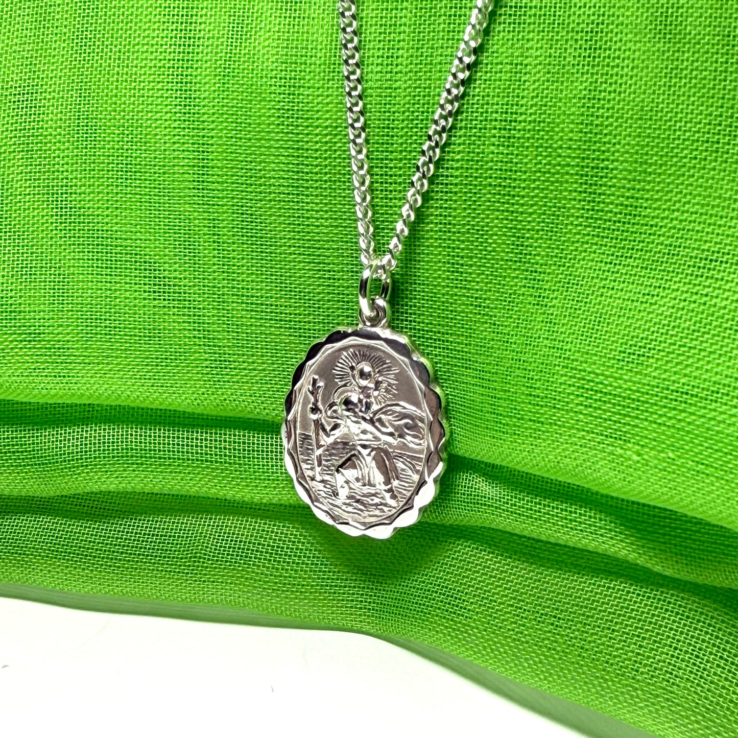 Sterling silver oval double sided St. Christopher with chain