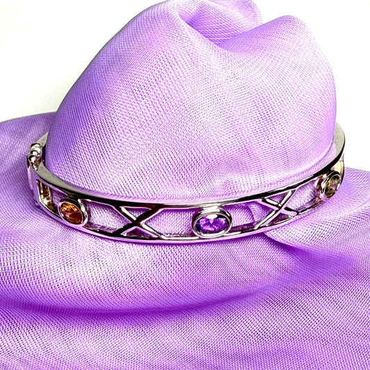 Sterling silver oval real peridot, real amethyst and real citrine, purple, green and yellow open pierced kiss bangle