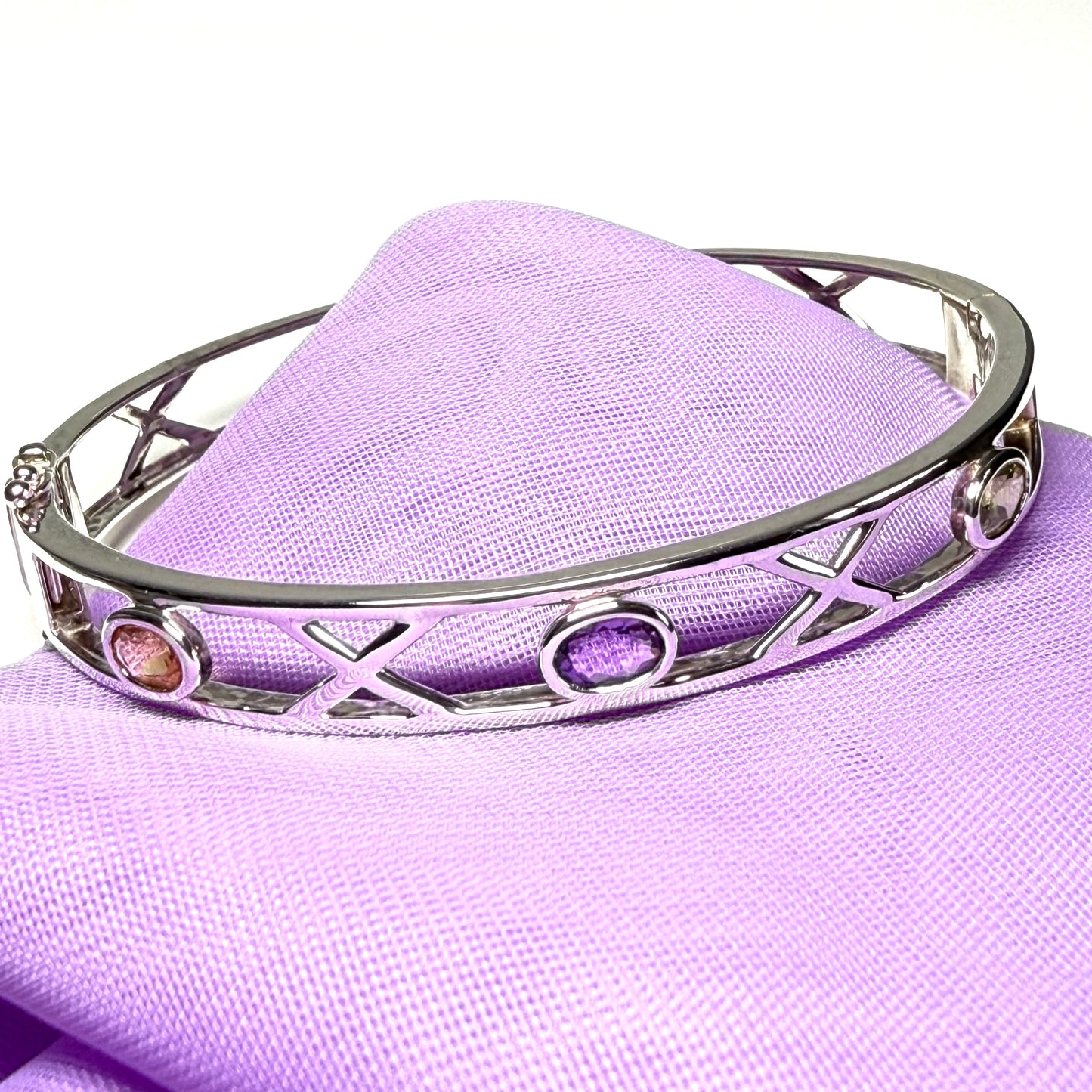 Sterling silver oval real peridot, real amethyst and real citrine, purple, green and yellow open pierced kiss bangle