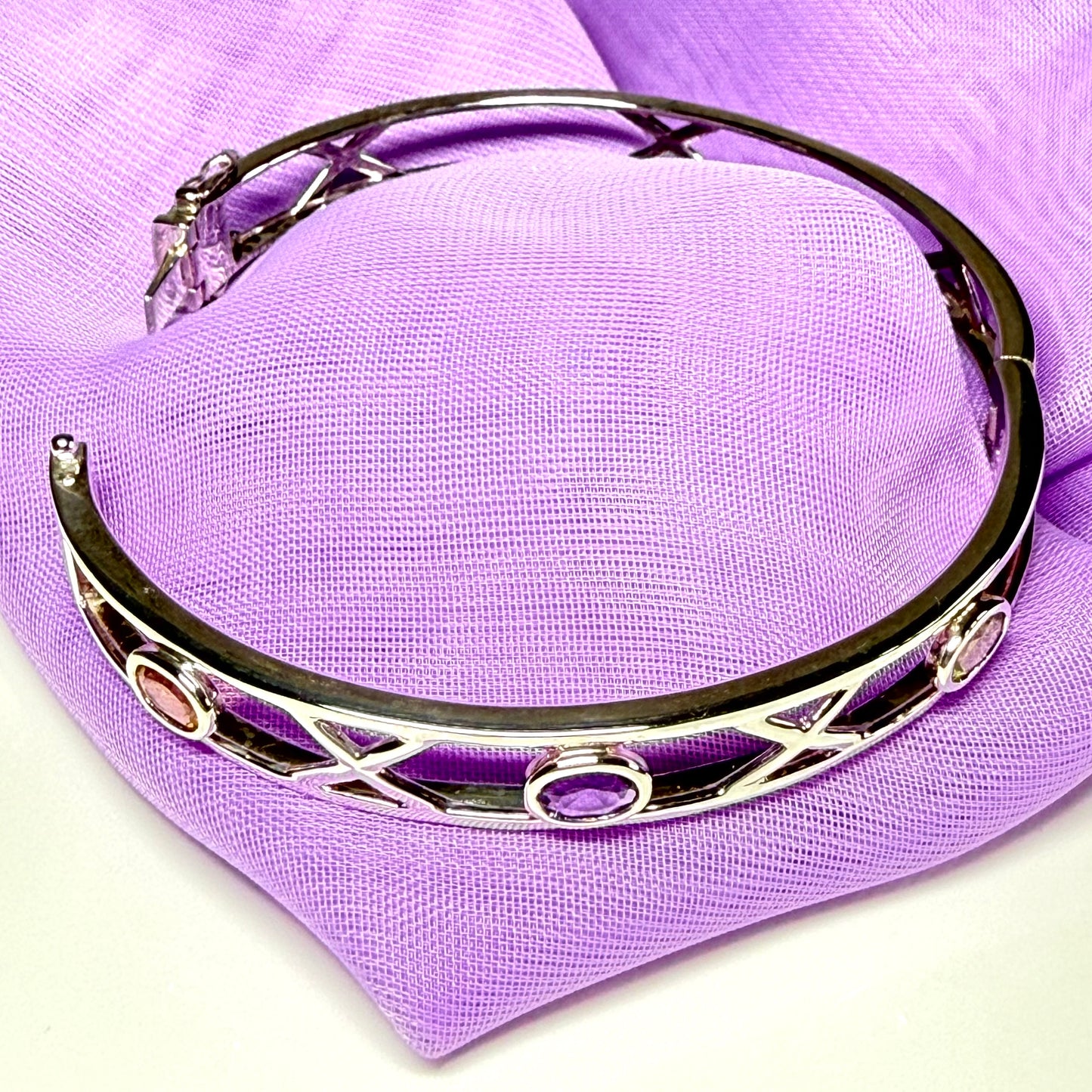 Sterling silver oval real peridot, real amethyst and real citrine, purple, green and yellow open pierced kiss bangle