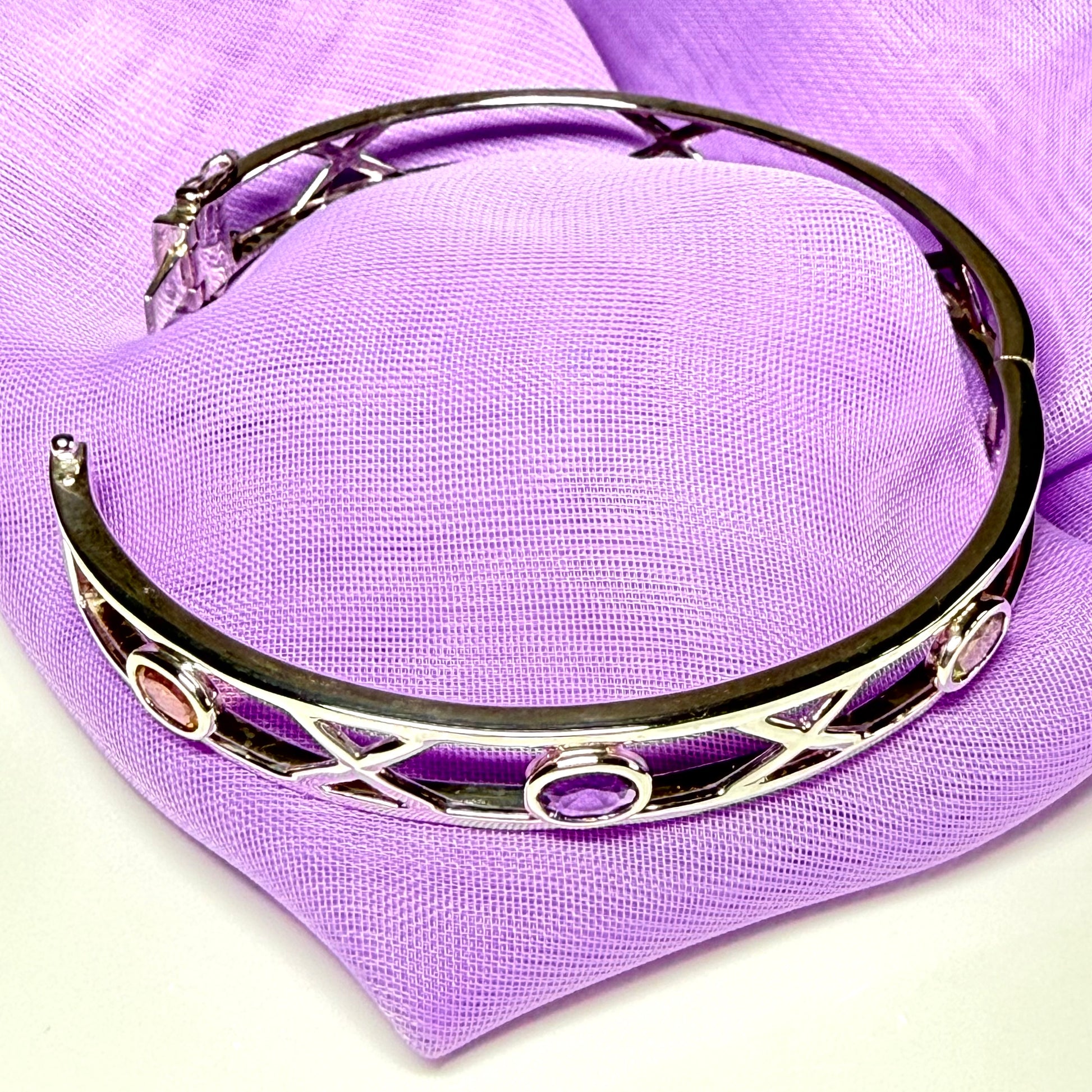 Sterling silver oval real peridot, real amethyst and real citrine, purple, green and yellow open pierced kiss bangle