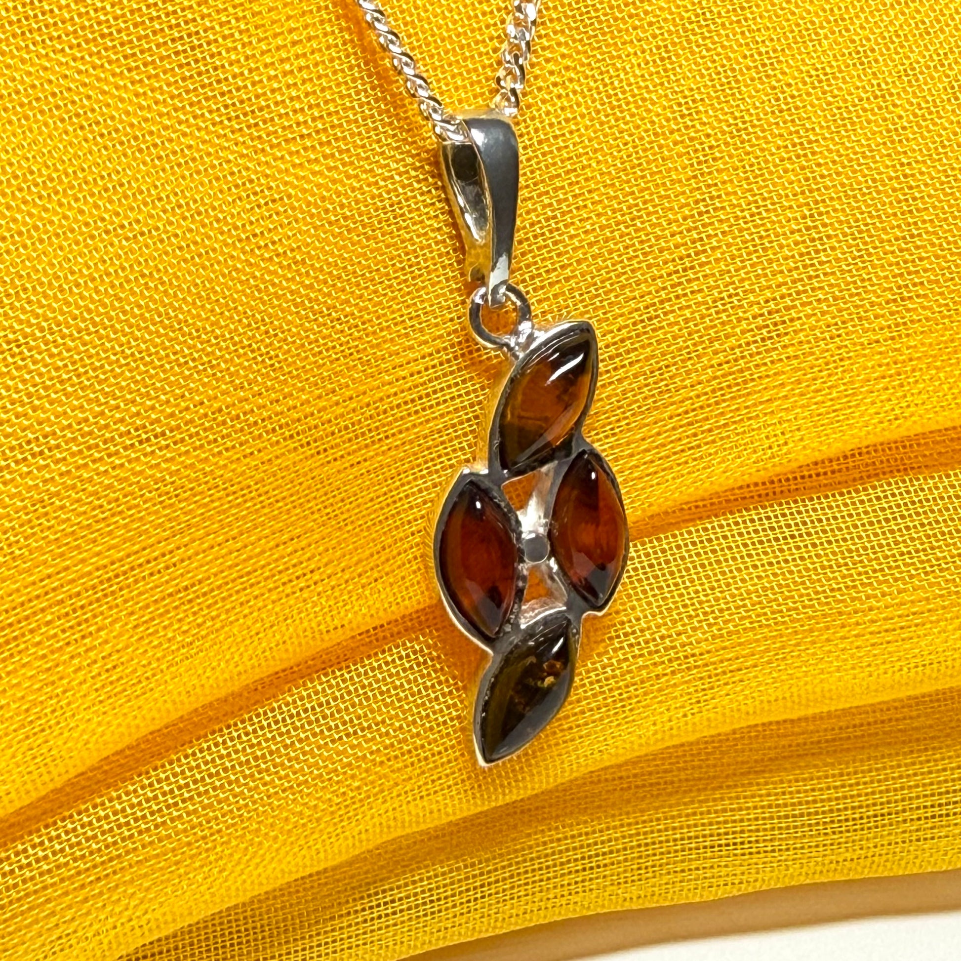 Sterling silver real amber marquise shaped necklace four stone pendant