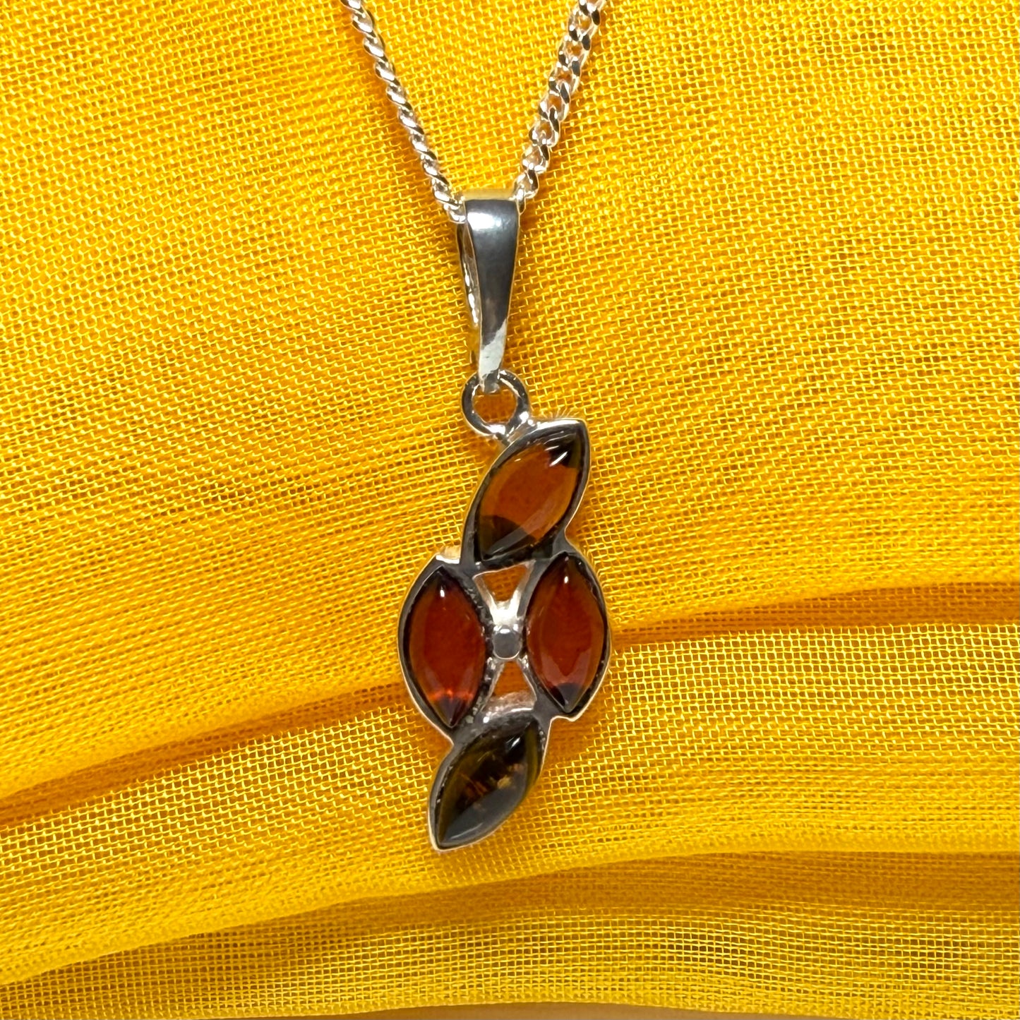 Sterling silver real amber marquise shaped necklace four stone pendant