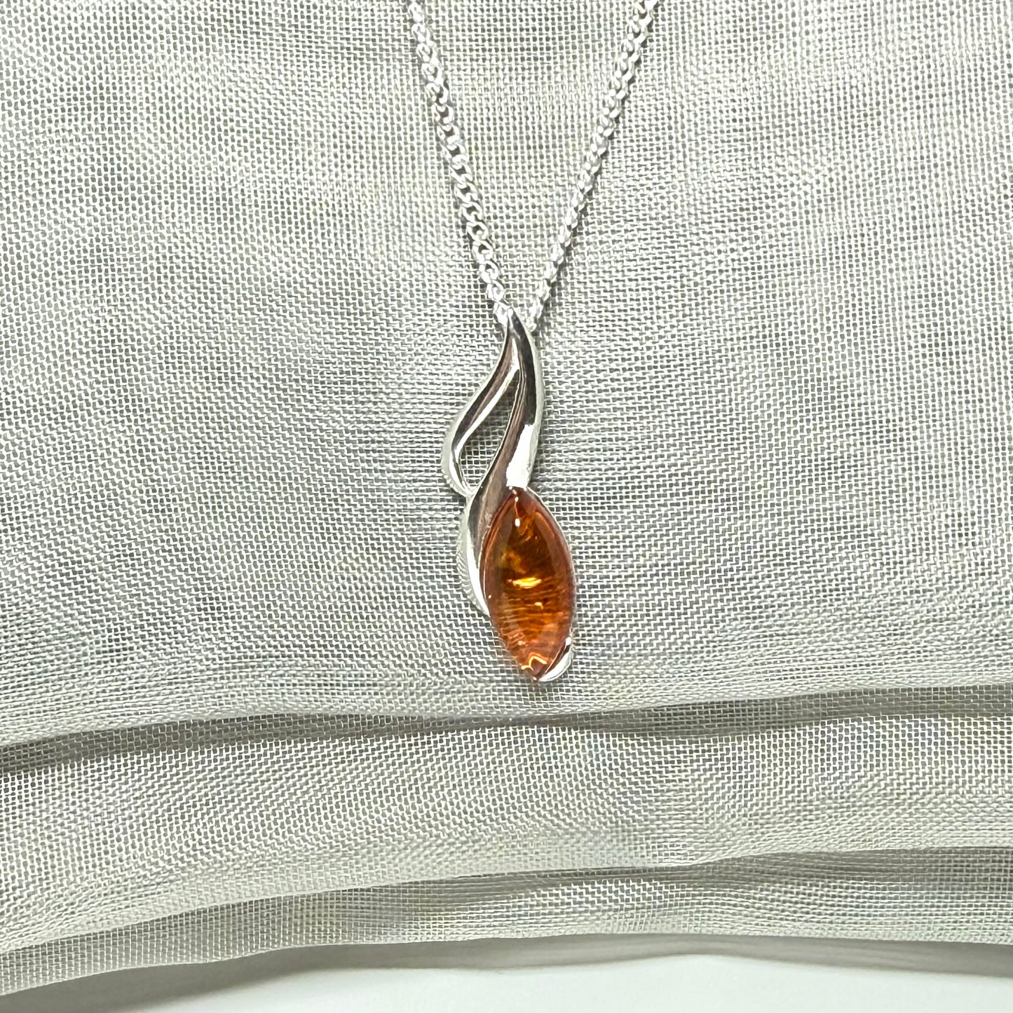 Sterling silver real amber marquise shape necklace open pierced pendant with a chain