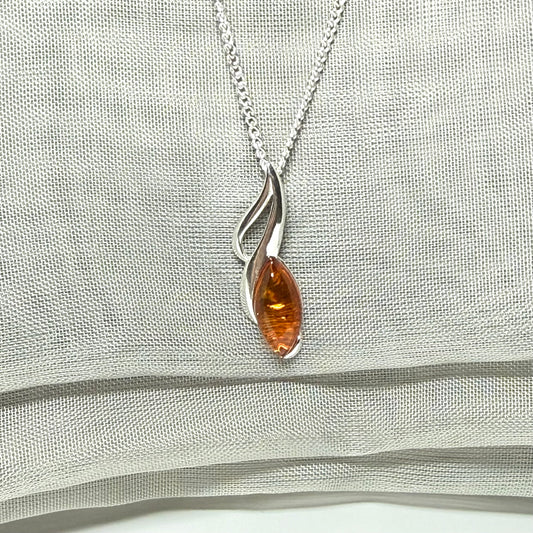 Sterling silver real amber marquise shape necklace open pierced pendant with a chain