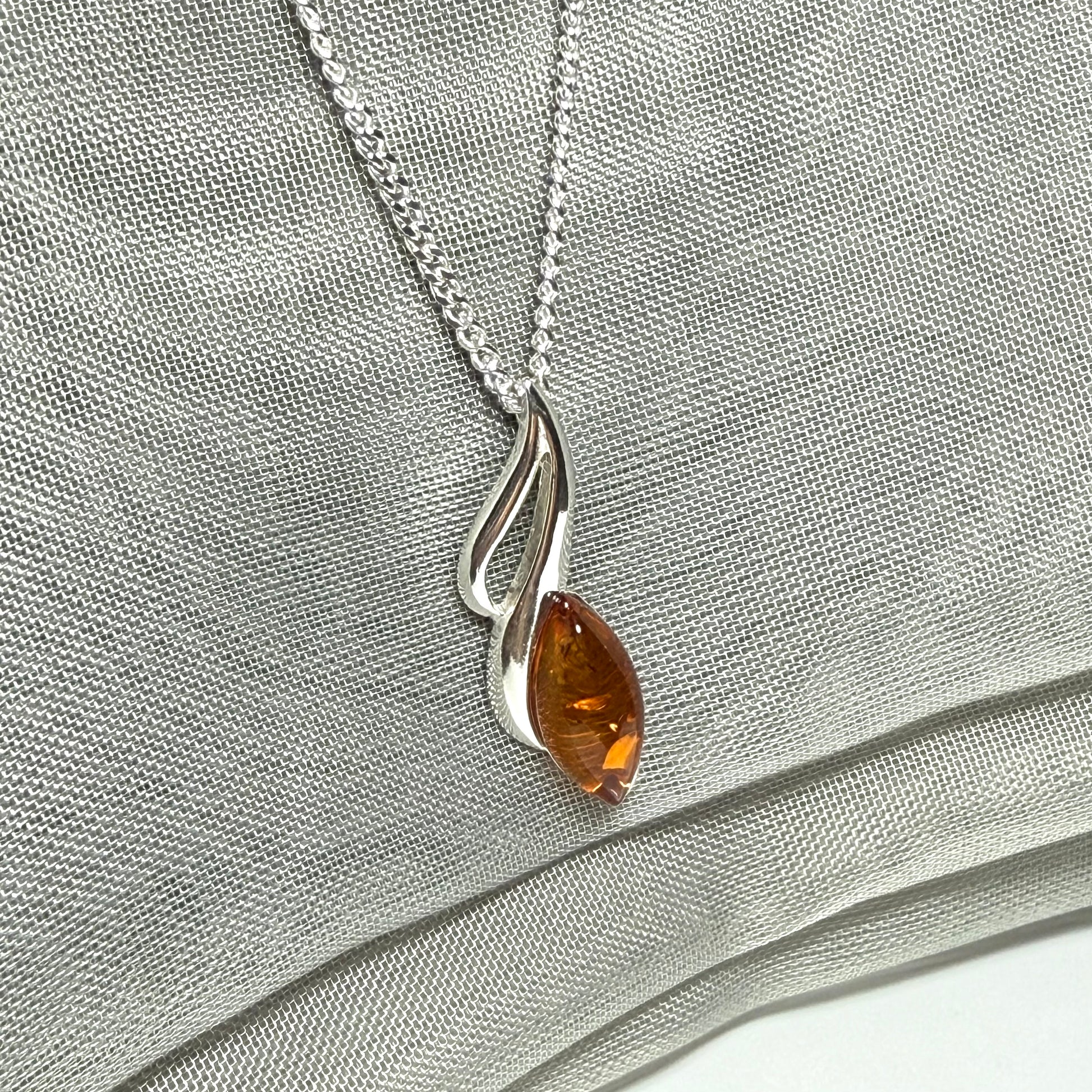 Sterling silver real amber marquise shape necklace open pierced pendant with a chain