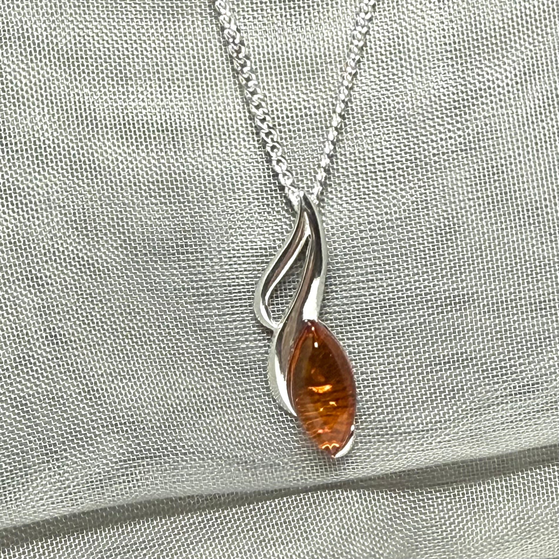 Sterling silver real amber marquise shape necklace open pierced pendant with a chain