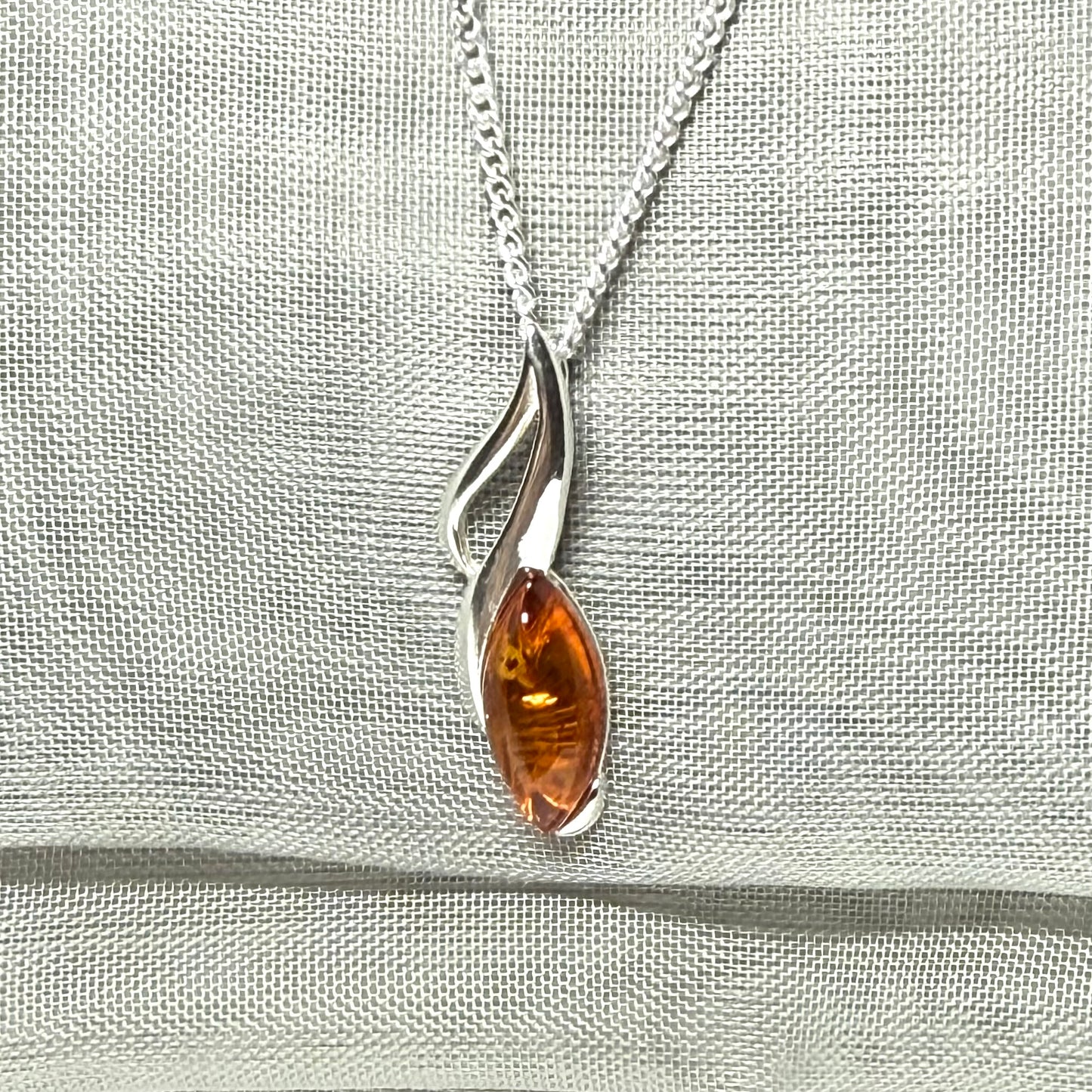 Sterling silver real amber marquise shape necklace open pierced pendant with a chain