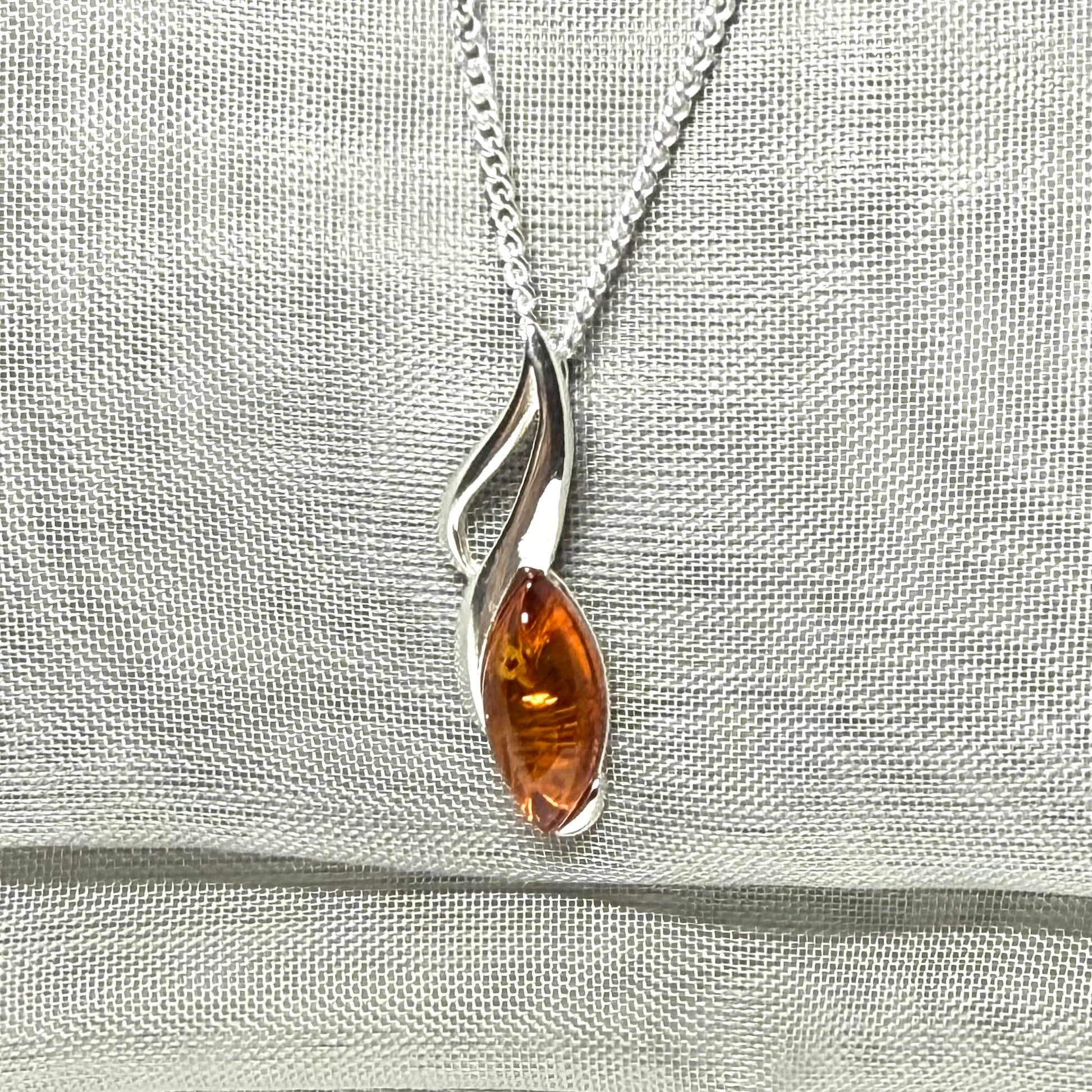 Sterling silver real amber marquise shape necklace open pierced pendant with a chain