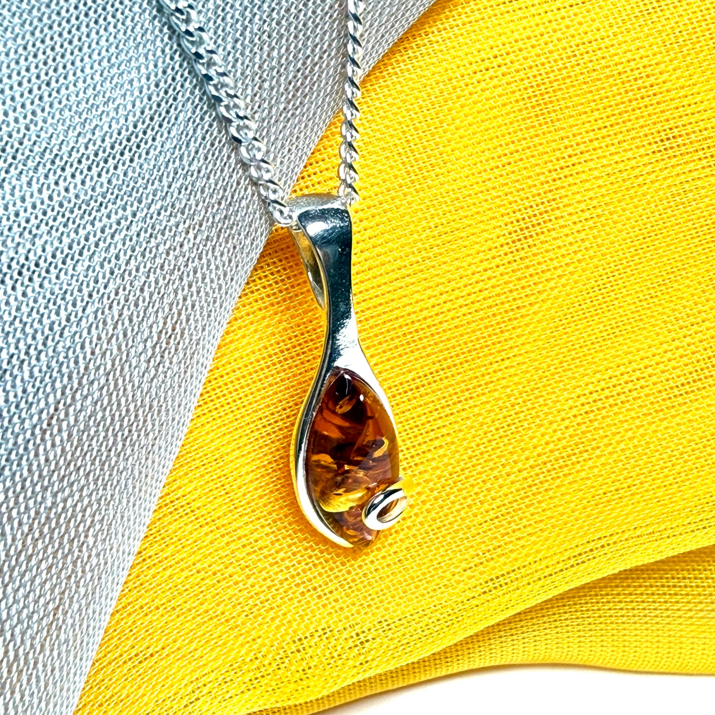 Sterling silver real amber marquise shape necklace swirl pendant with chain
