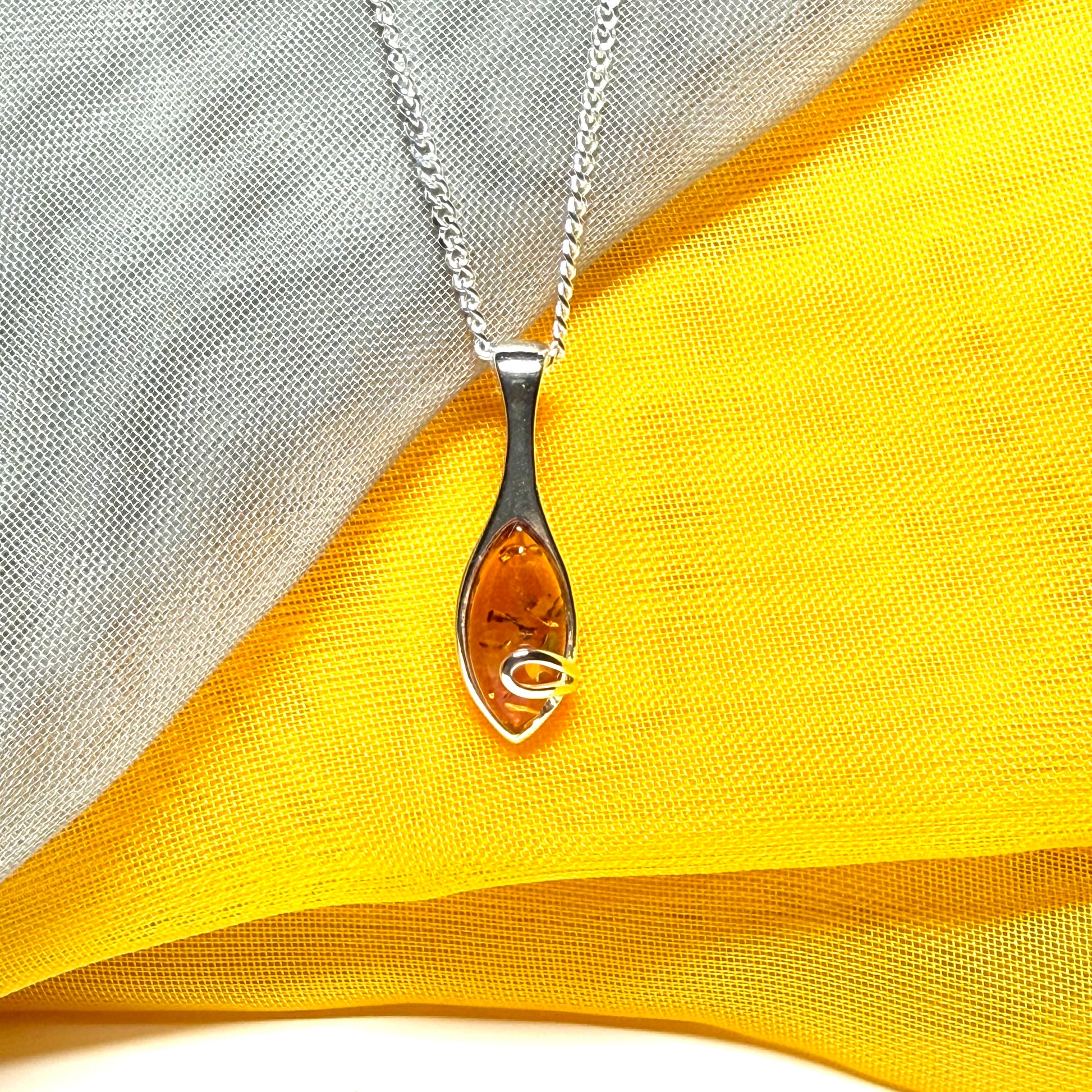 Sterling silver real amber marquise shape necklace swirl pendant with chain