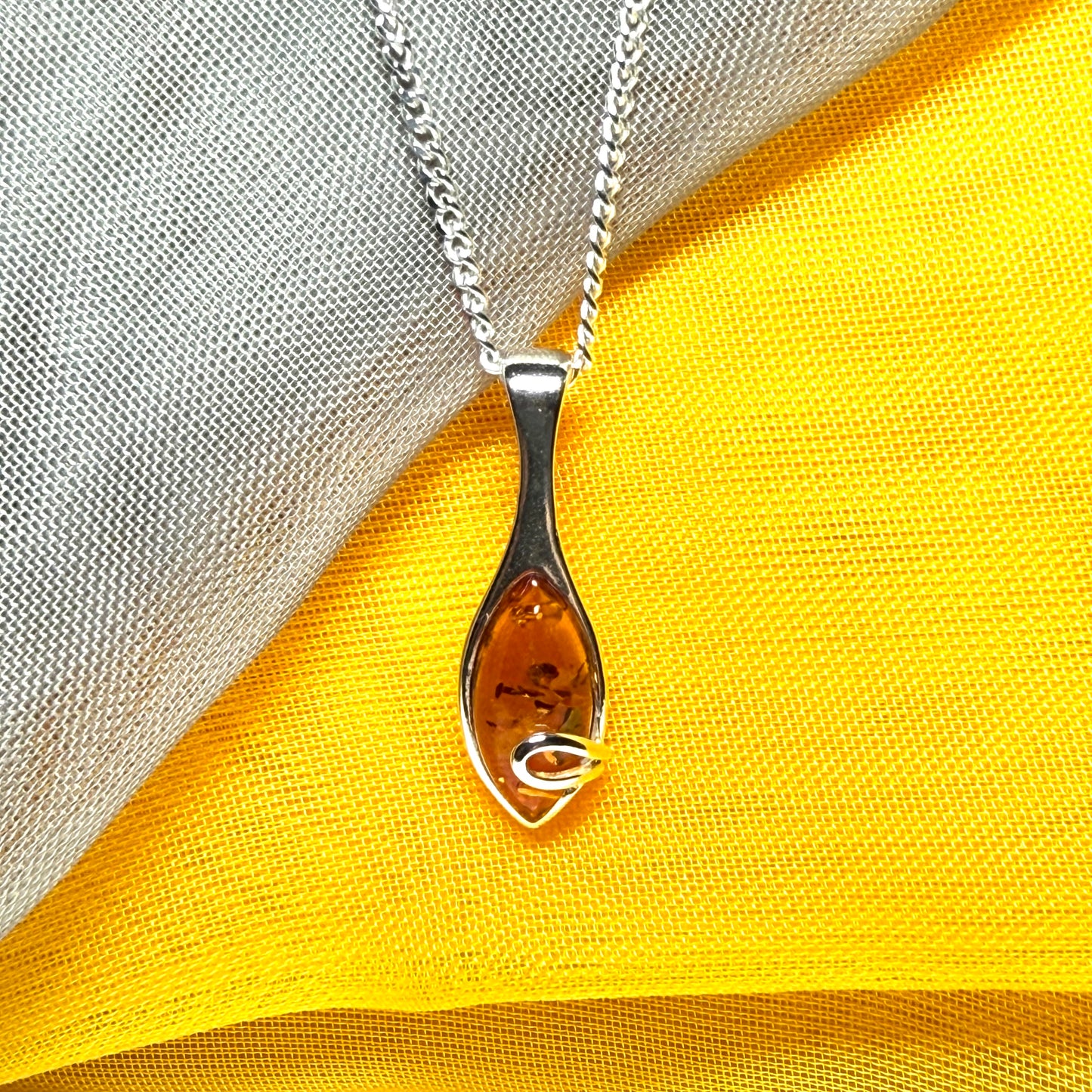 Sterling silver real amber marquise shape necklace swirl pendant with chain
