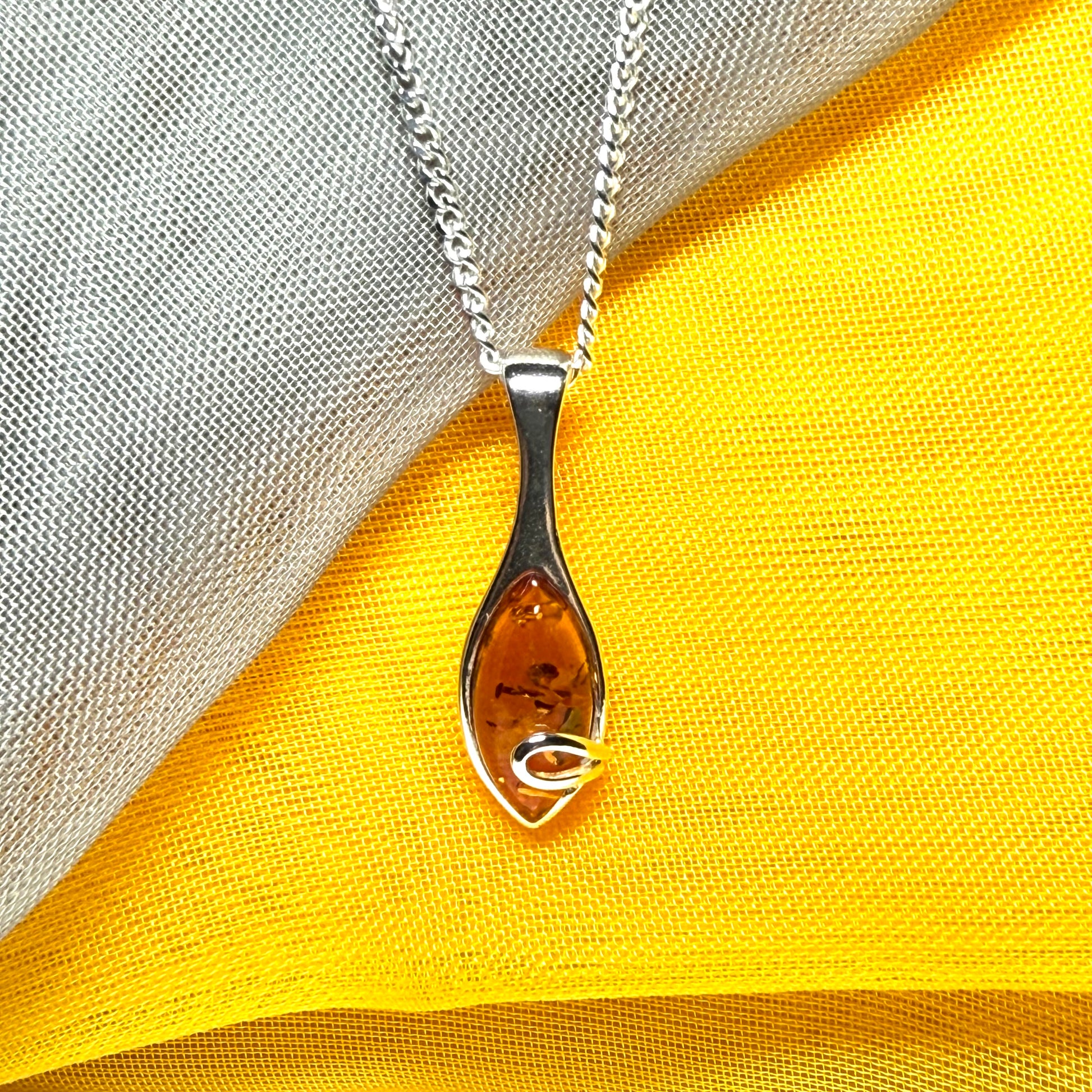 Sterling silver real amber marquise shape necklace swirl pendant with chain