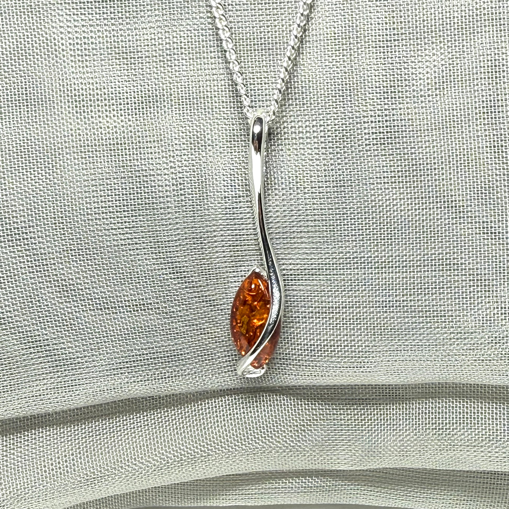 Sterling silver real amber marquise shaped necklace swirled pendant