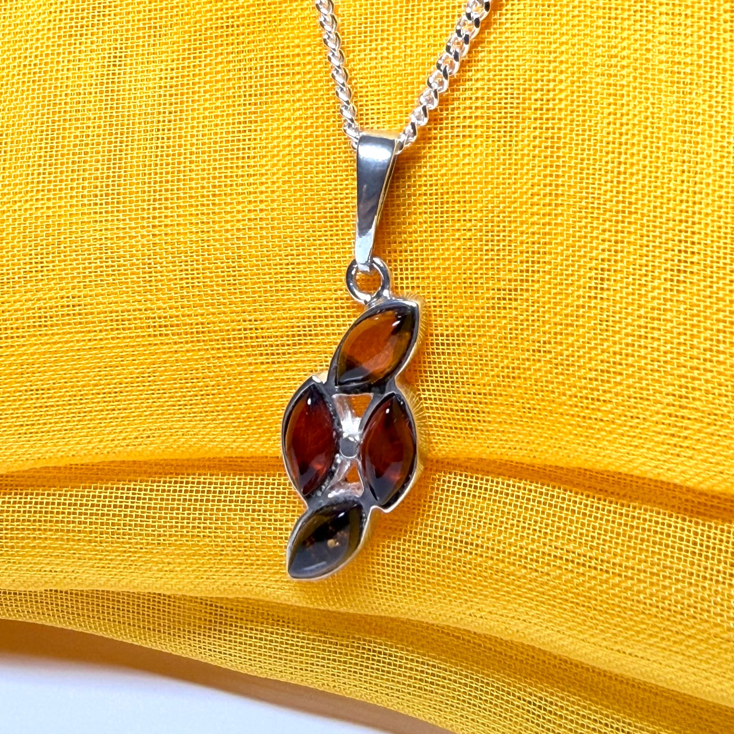 Sterling silver real amber marquise shaped necklace four stone pendant