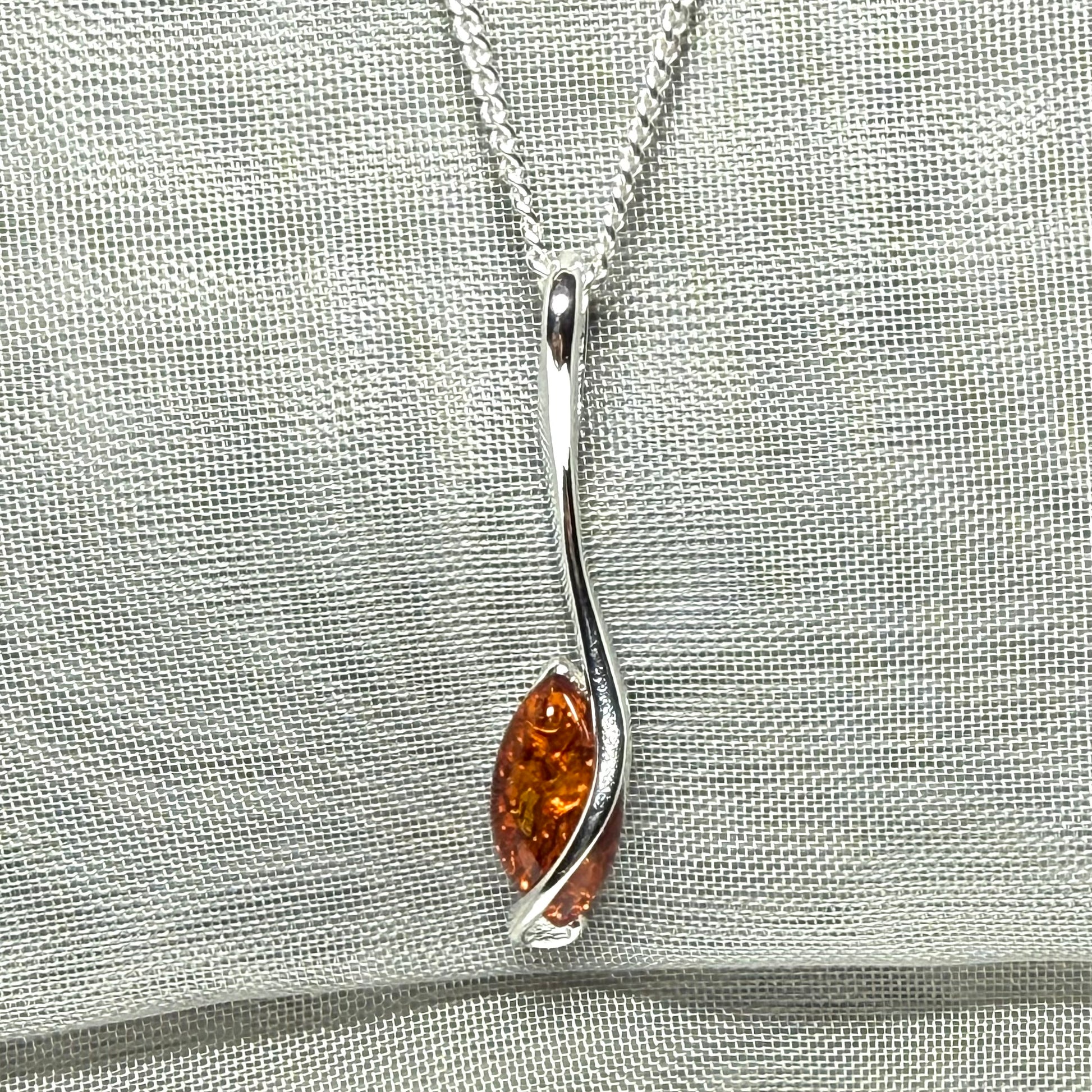 Sterling silver real amber marquise shaped necklace swirled pendant