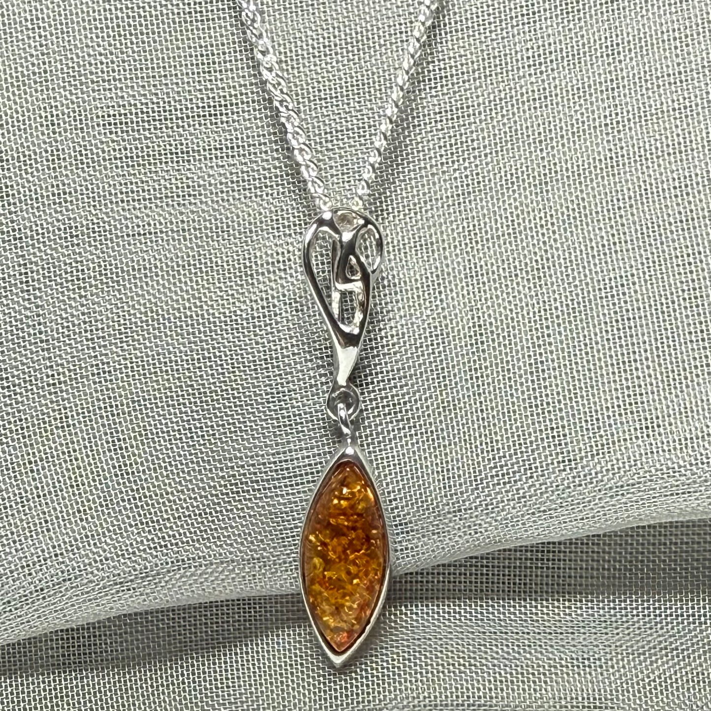 Sterling silver real amber marquise shaped necklace swirled open swirl pendant with chain